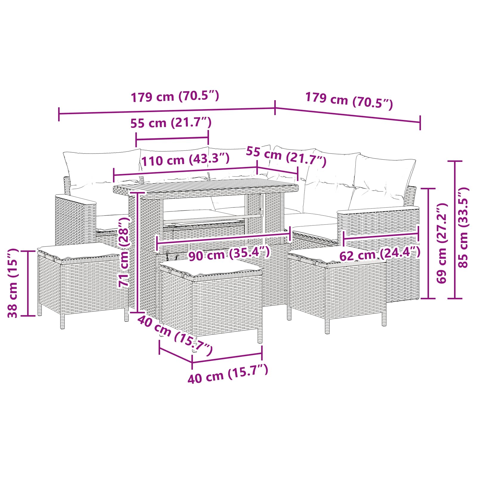 Conjunto de sofás de jardín 9 pcs Beige ratán sintético