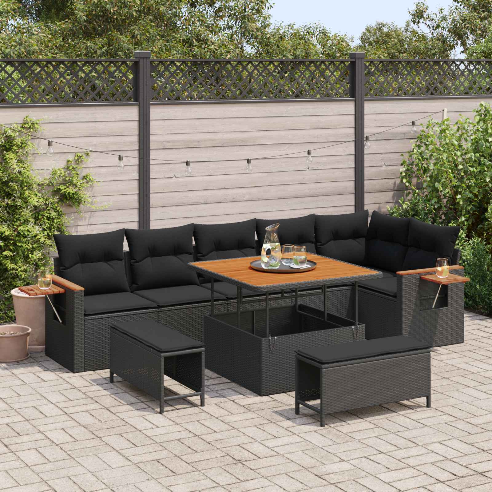Conjunto de sofás de jardín 9 pcs Negro ratán sintético