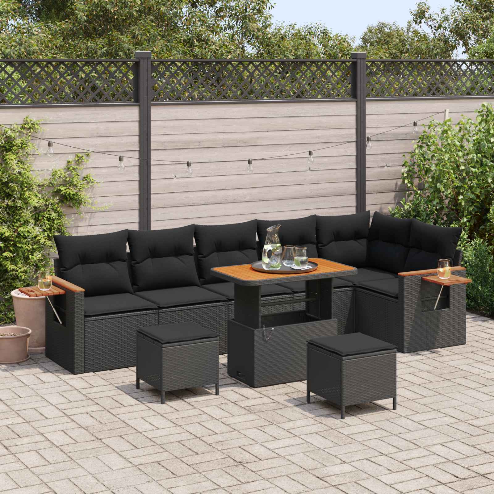 Conjunto de sofás de jardim 9 pcs Preto vime sintético