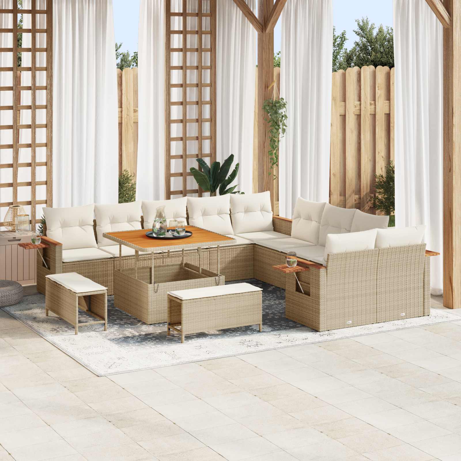 Conjunto de sofá de jardín 3 pcs Beige y blanco Poliratán