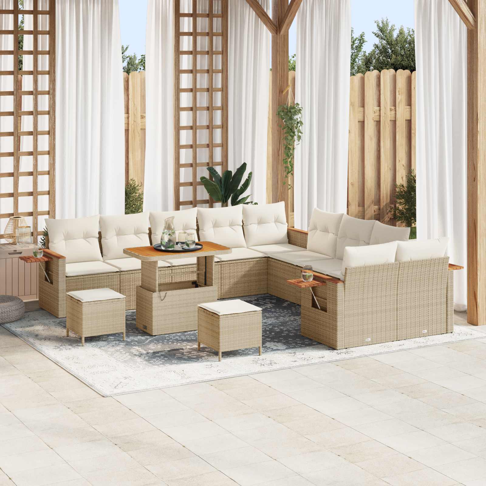 Conjunto de sofá de jardín 3 pcs Beige y blanco Poliratán