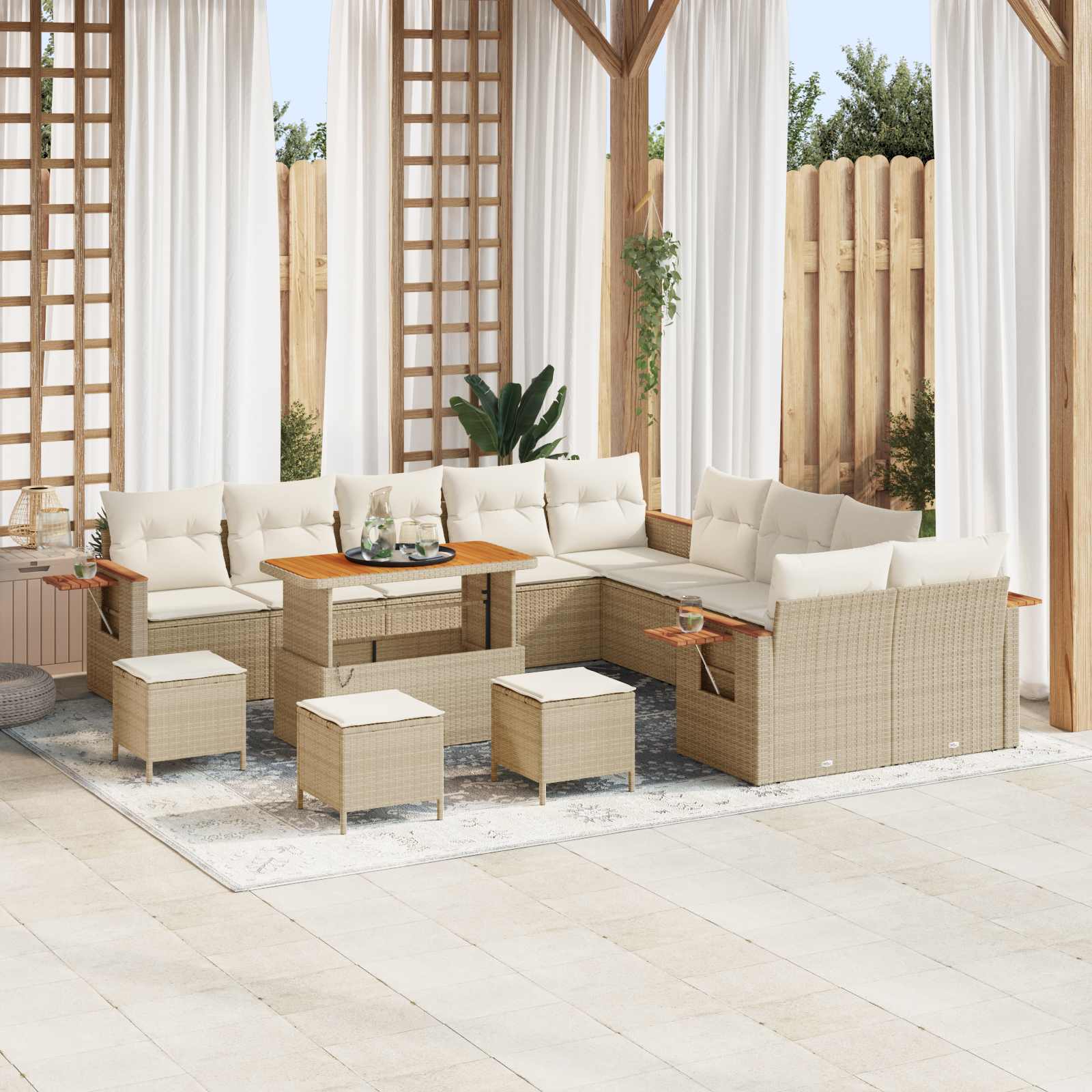 Conjunto de sofá de jardín 3 pcs Beige y blanco Poliratán