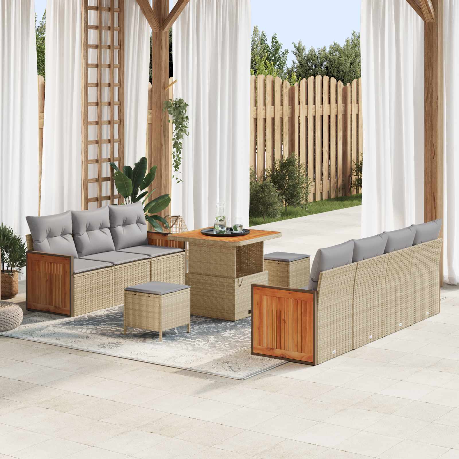 Conjunto de sofás de jardín con cojín 10 pcs Beige y Gris Claro