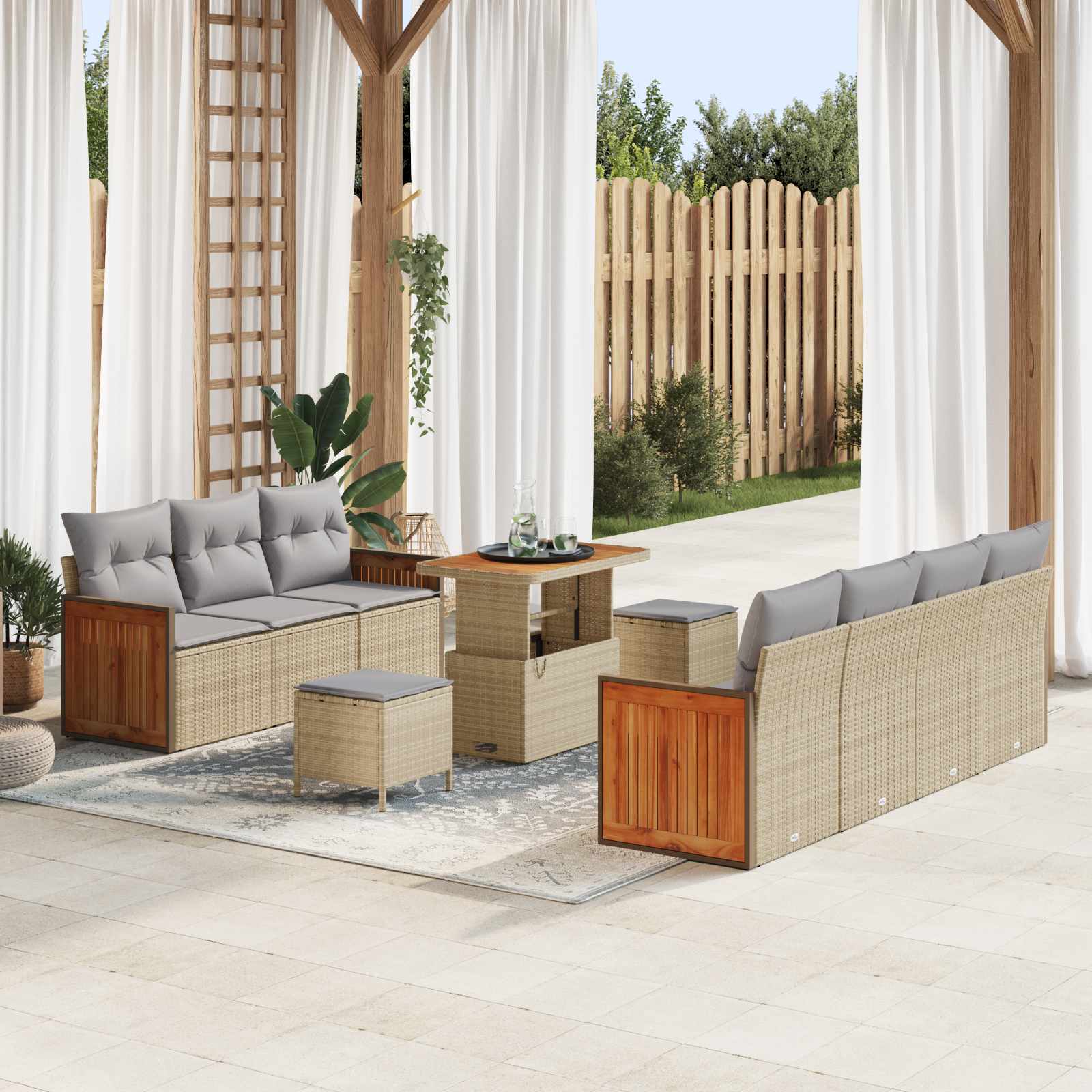 Conjunto de sofás de jardín con cojín 10 pcs Beige y Gris Claro