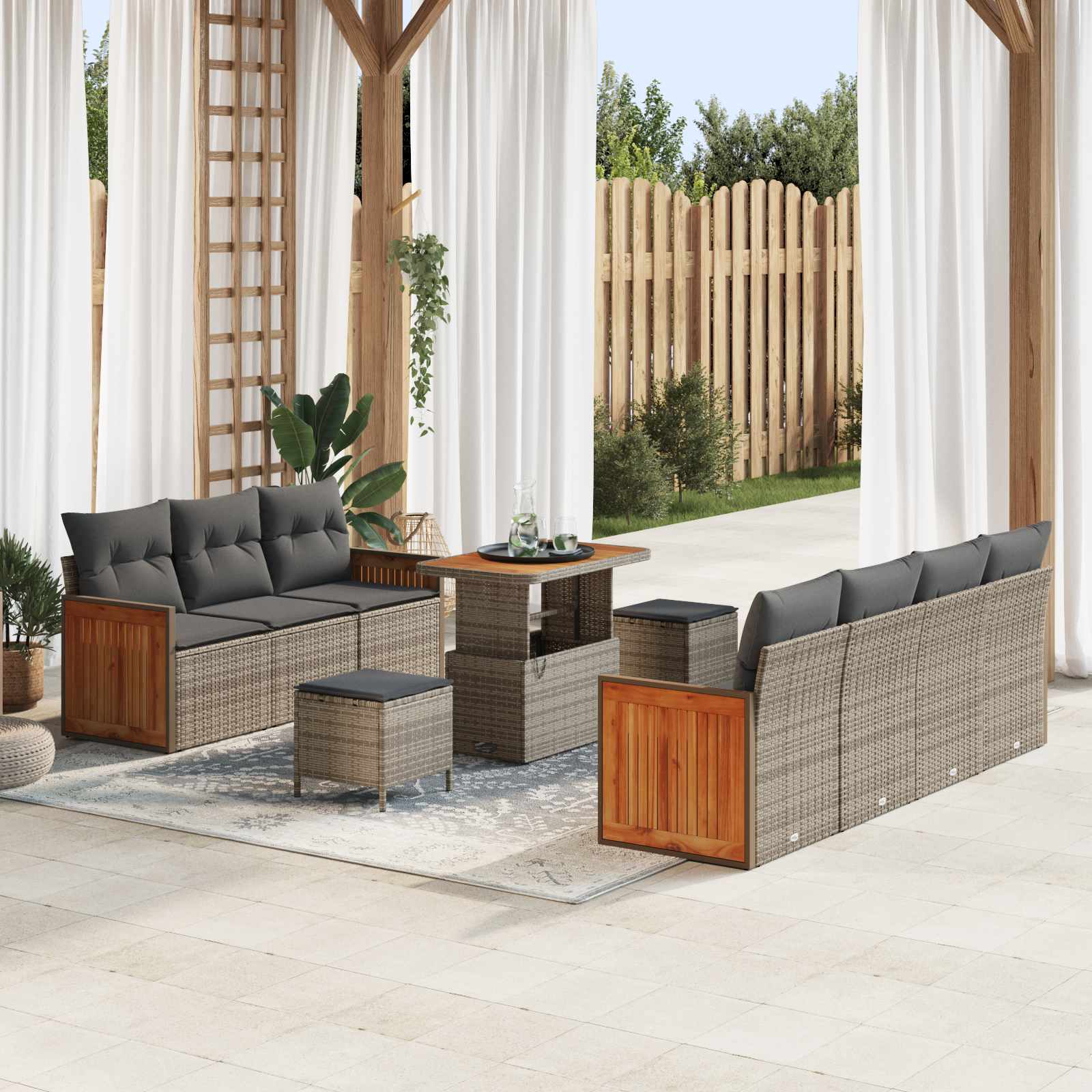 Conjunto de sofás de jardín con cojín 10 pcs Beige y Gris Claro