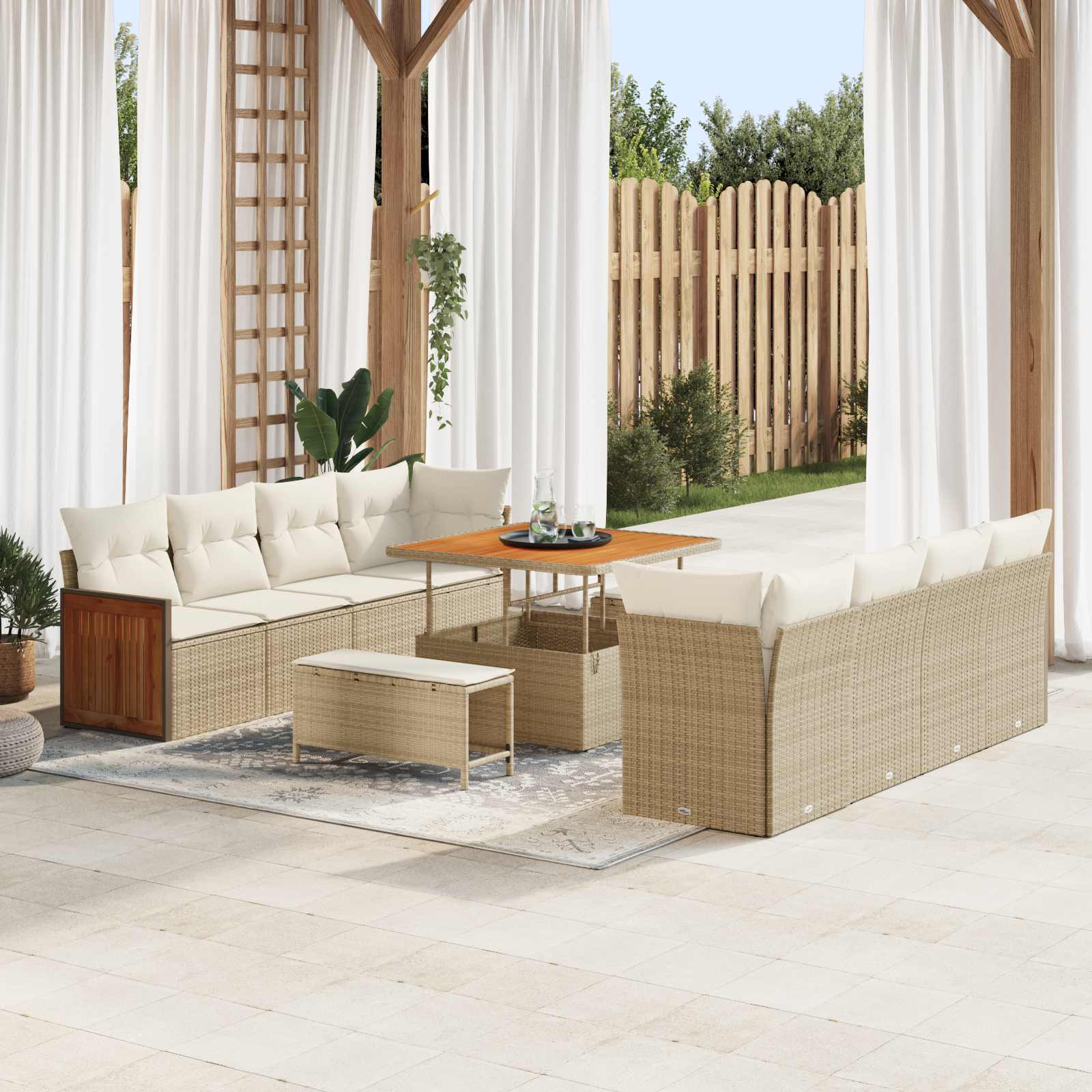 Conjunto de sofás de jardín con cojín 11 pcs Beige y Crema