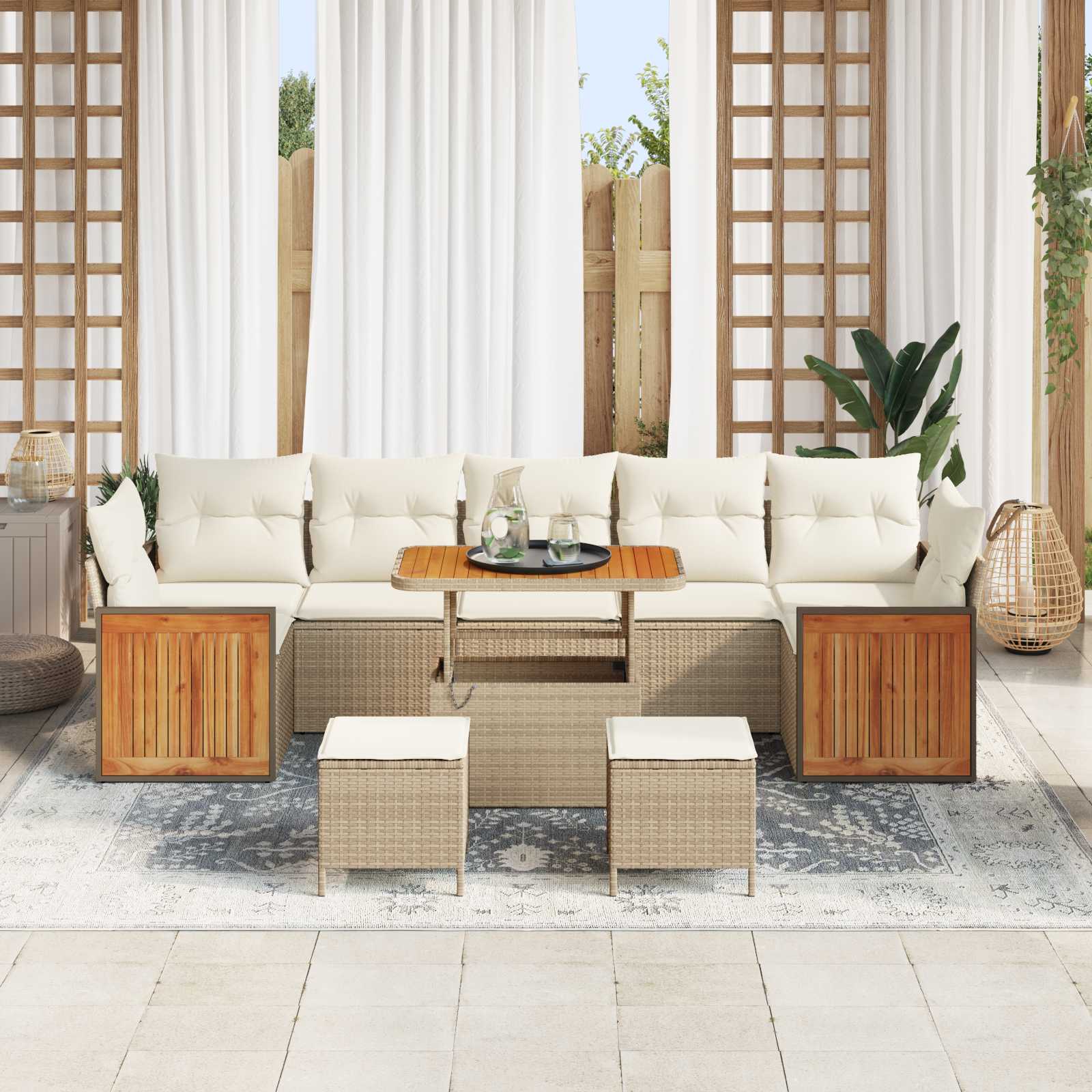 Conjunto de sofás de jardín con cojín 10 pcs Beige y Crema