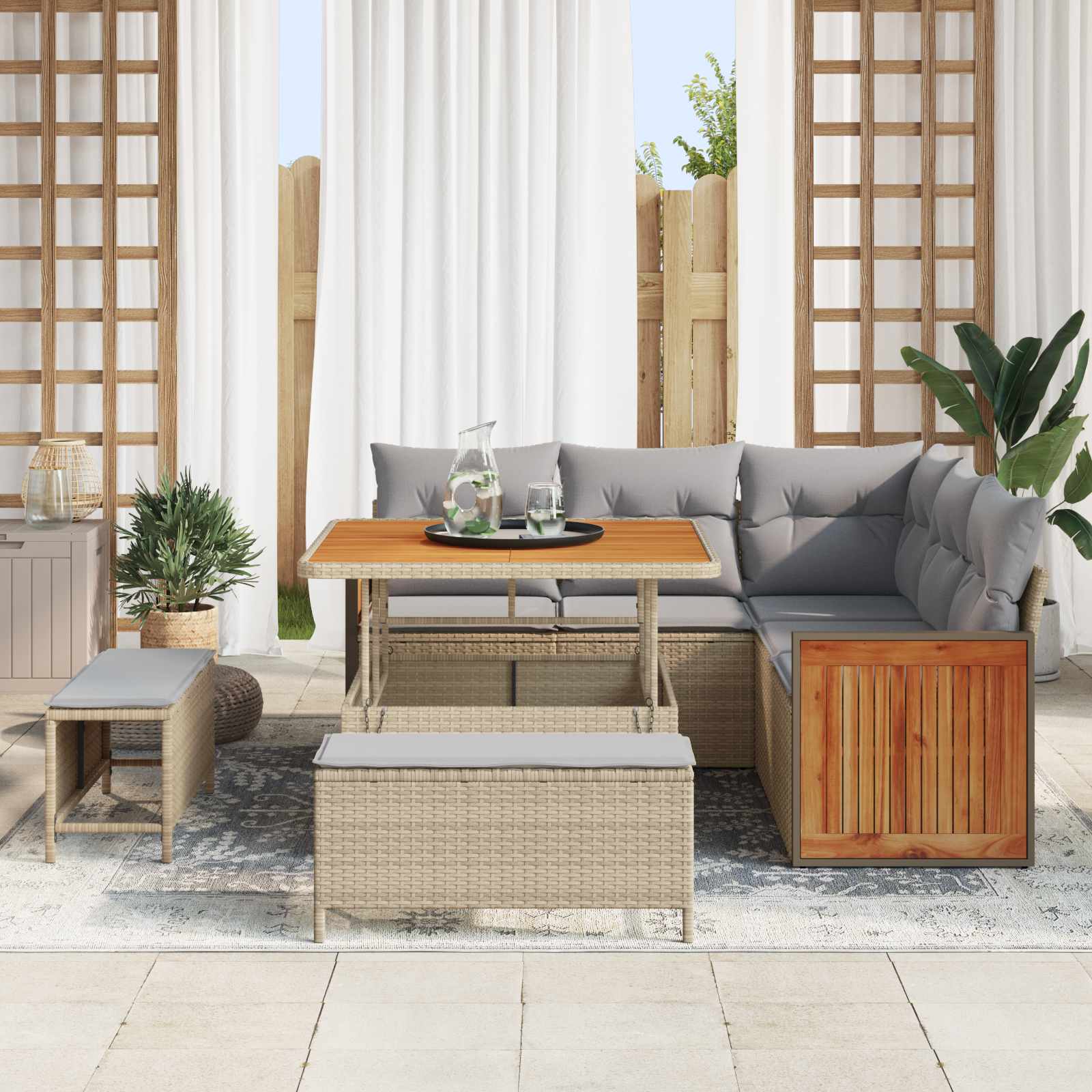Conjunto de sofás de jardín con cojín 8 pcs Beige y Gris Claro
