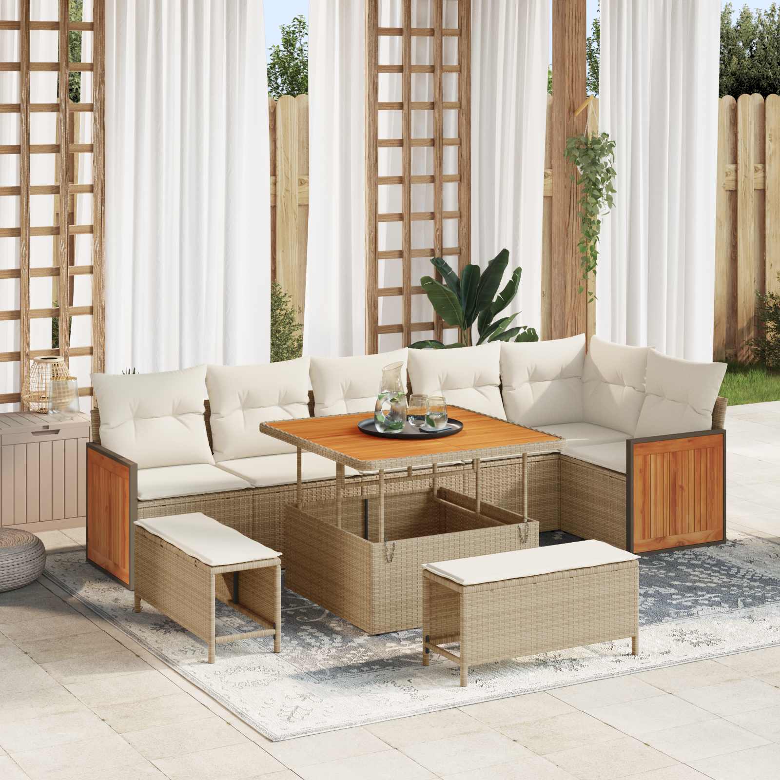 Conjunto de sofás de jardín con cojín 10 pcs Beige y Crema