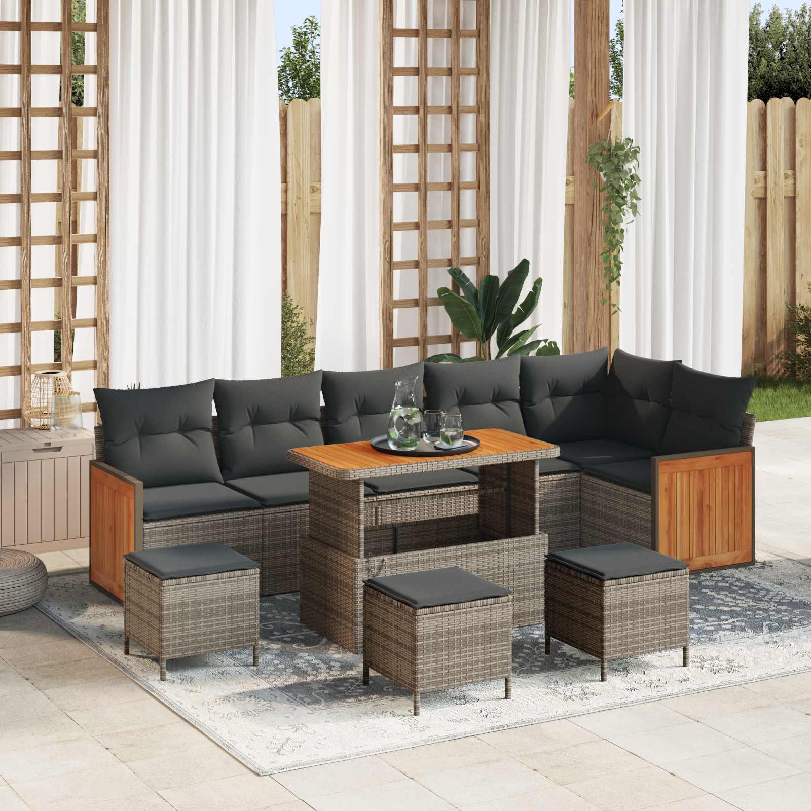 Conjunto de sofás de jardín con cojín 10 pcs Beige y Crema
