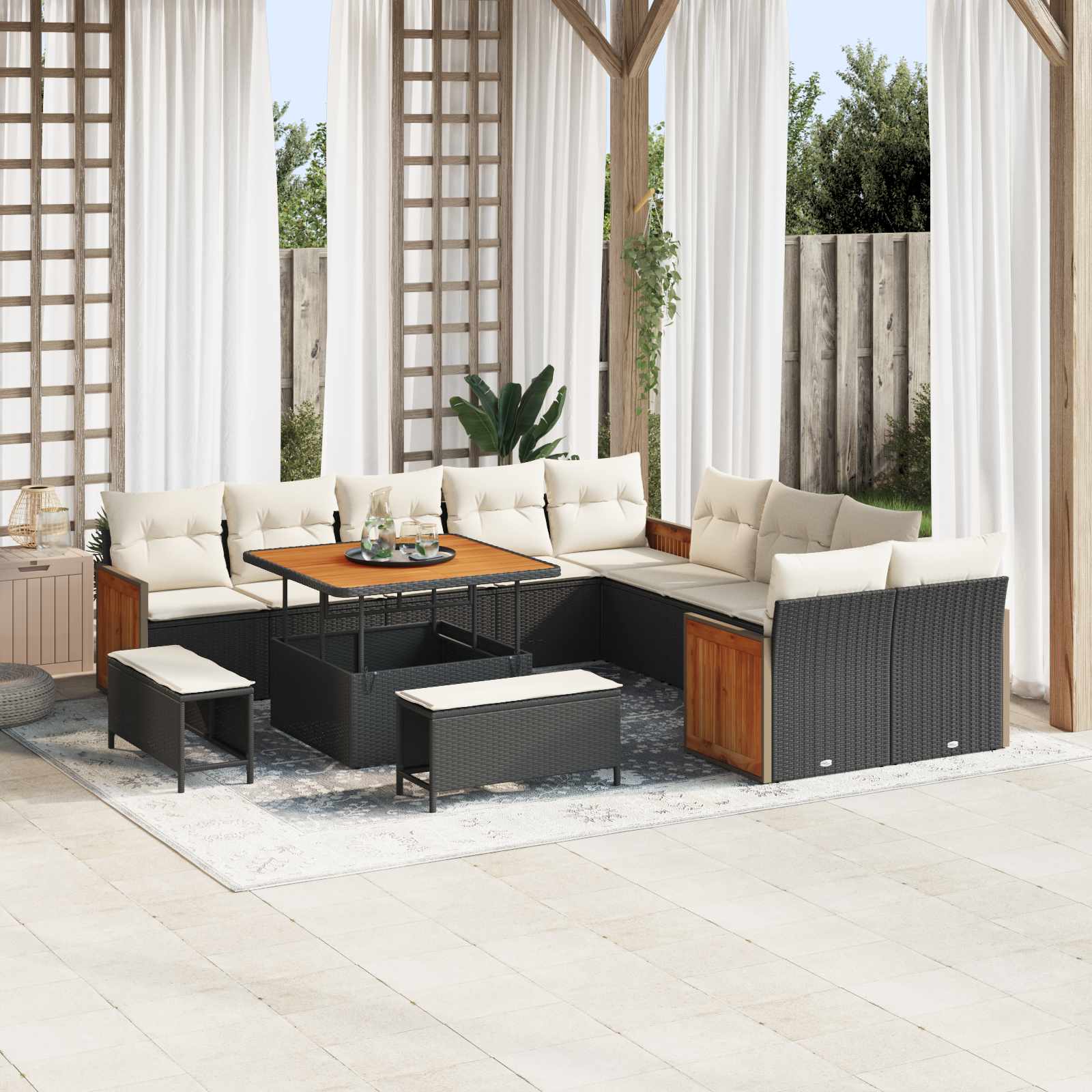 Conjunto de sofás de jardín con cojín 13 pcs Negro y crema