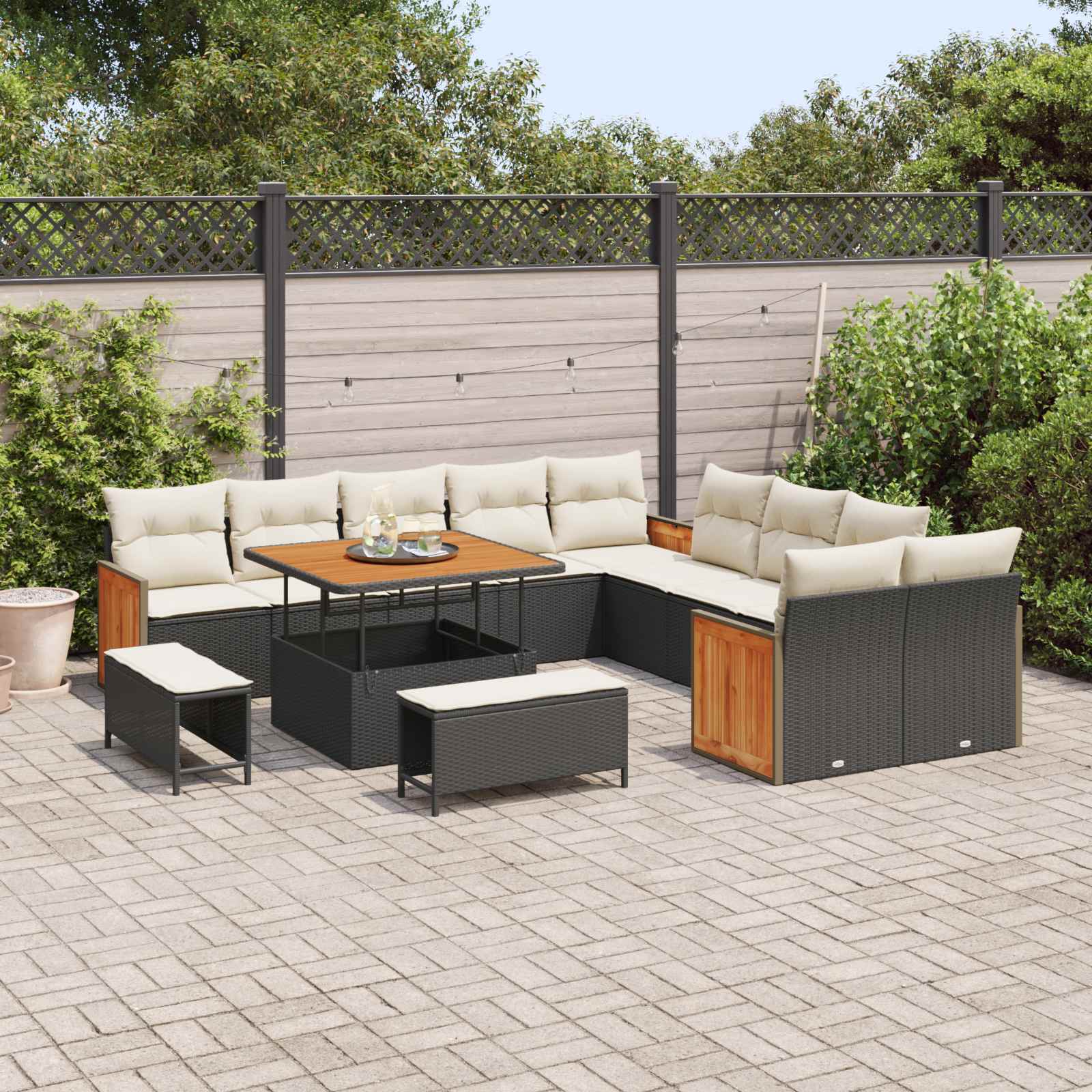 Conjunto de sofás de jardín con cojín 13 pcs Negro y crema