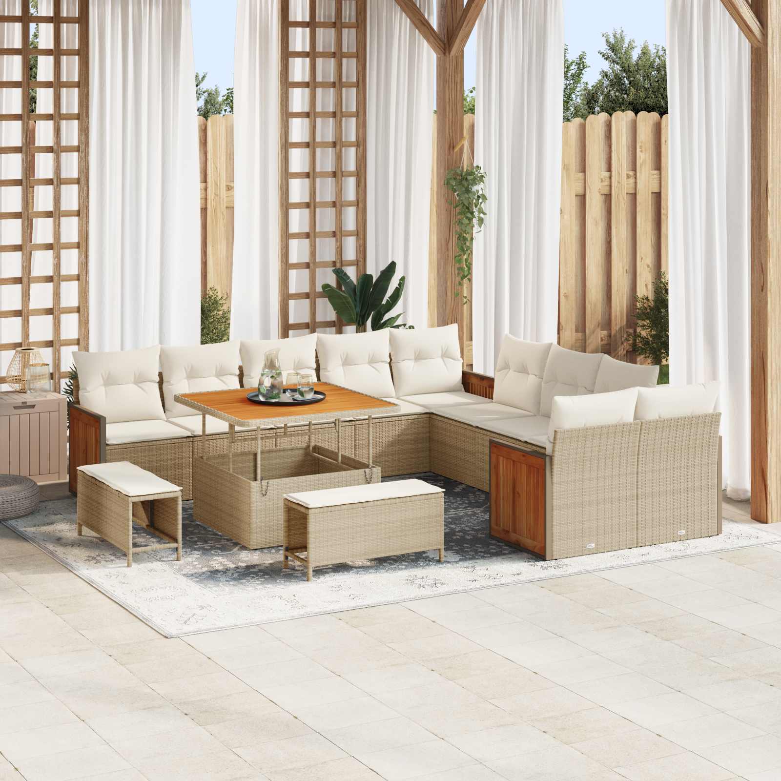 Conjunto de sofás de jardín con cojín 13 pcs Beige y Crema