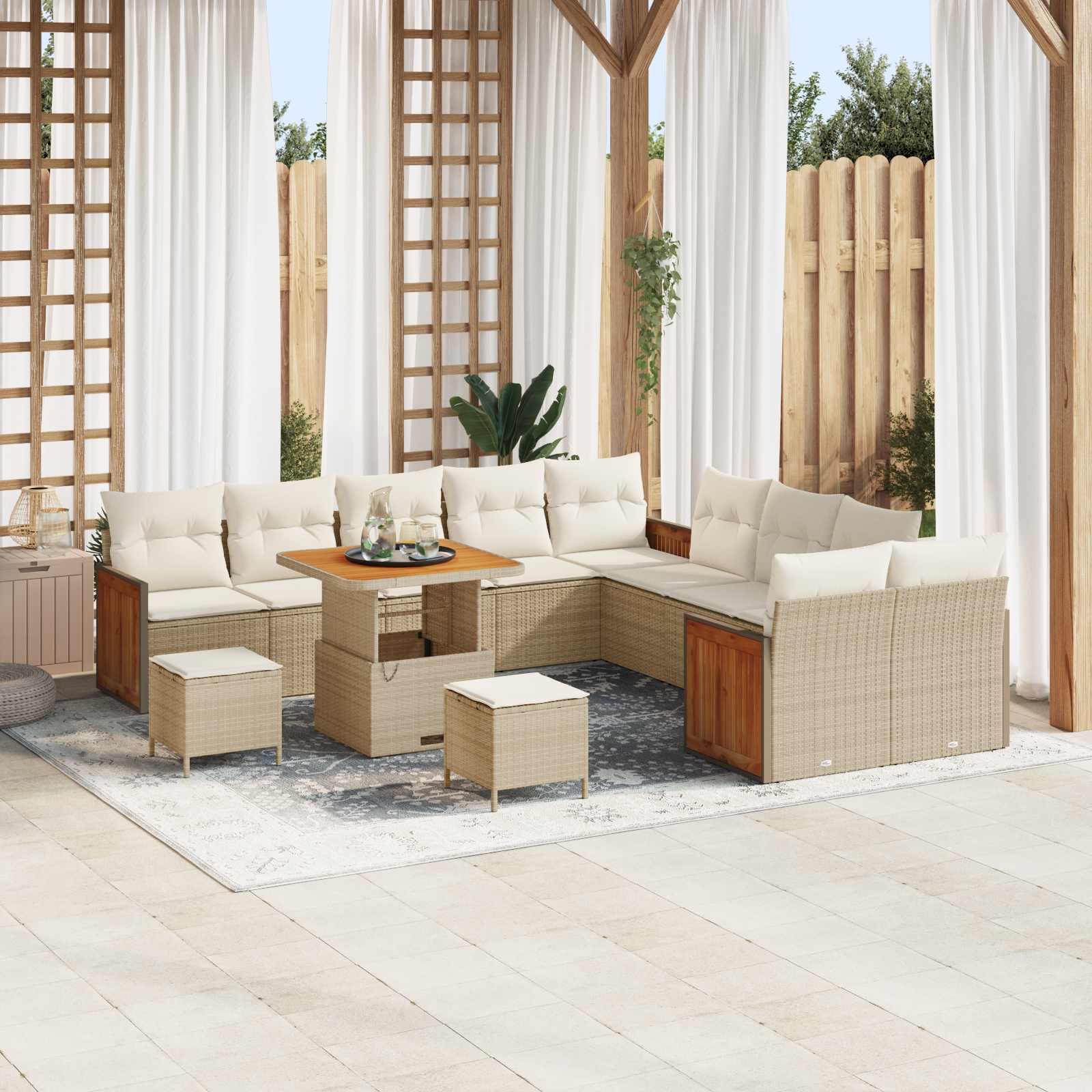Conjunto de sofás de jardim com almofadão 13 peças Bege e Creme