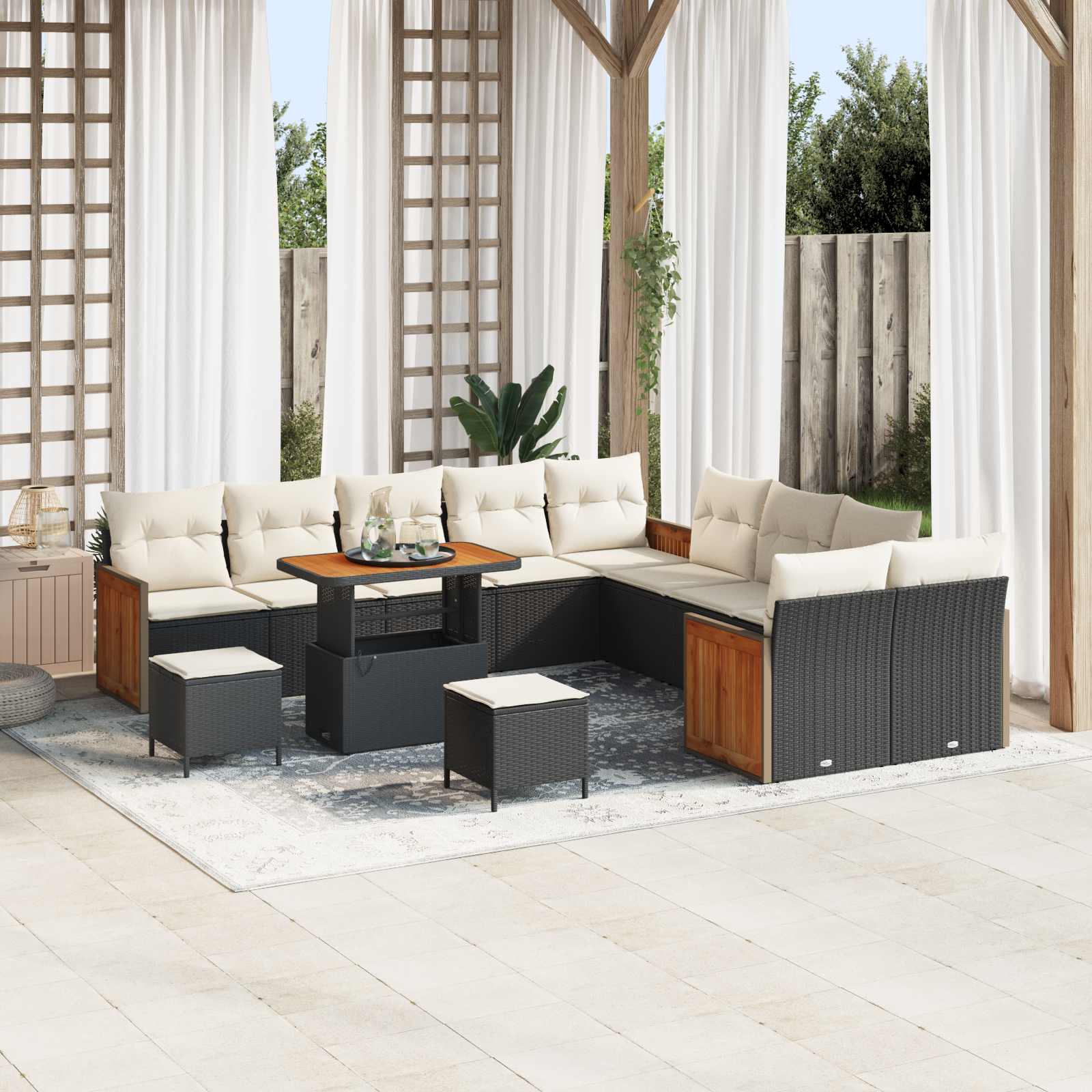 Conjunto de sofás de jardim com almofada 13 pçs Preto e creme