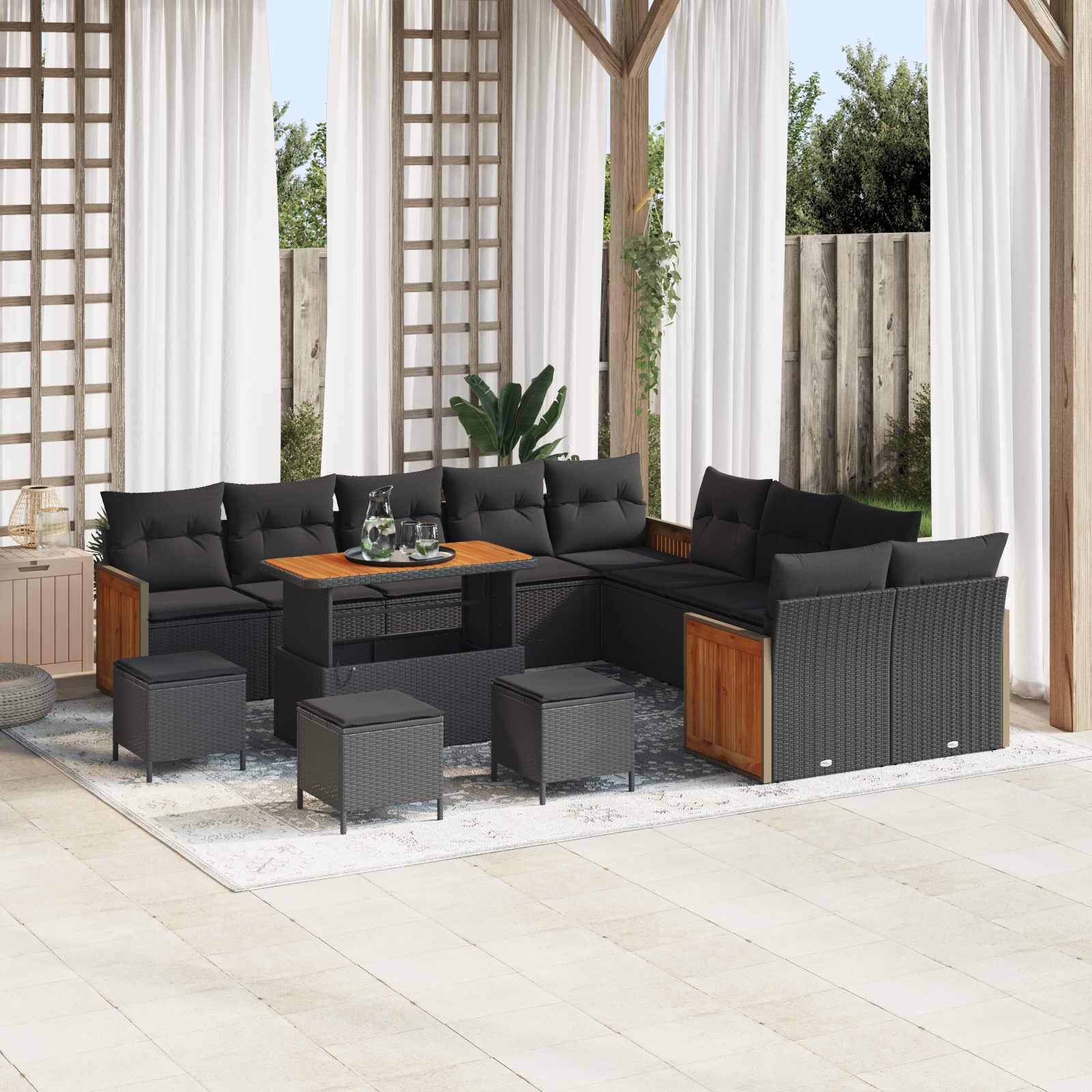 Conjunto de sofás de jardim com almofada 13 pçs Preto e creme