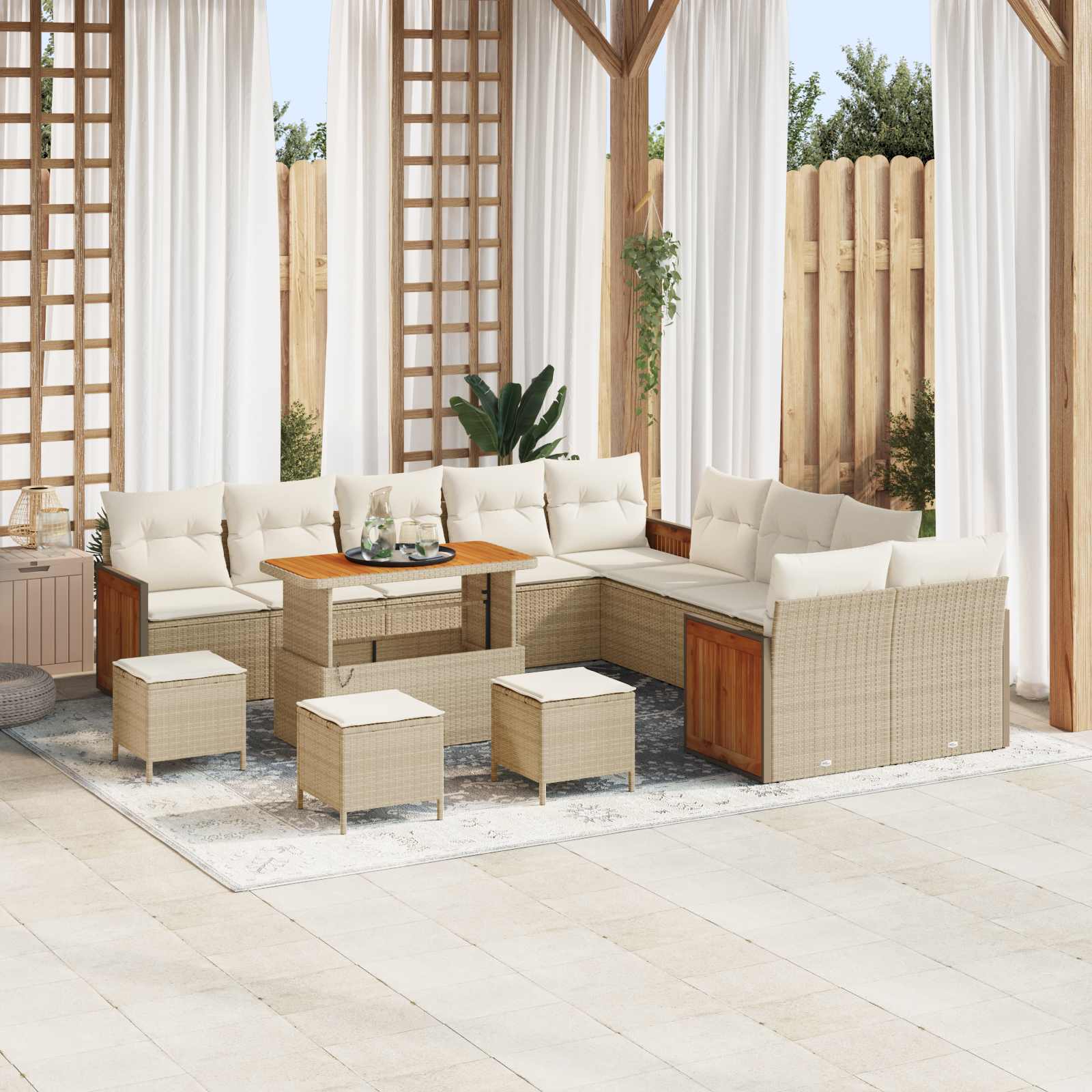 Conjunto de sofás de jardim com almofada 13 pçs Preto e creme