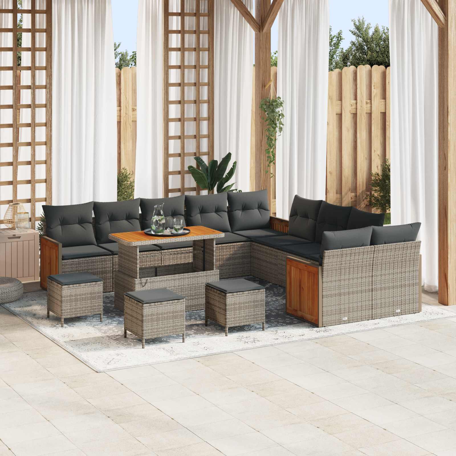 Conjunto de sofás de jardim com almofada 13 pçs Preto e creme