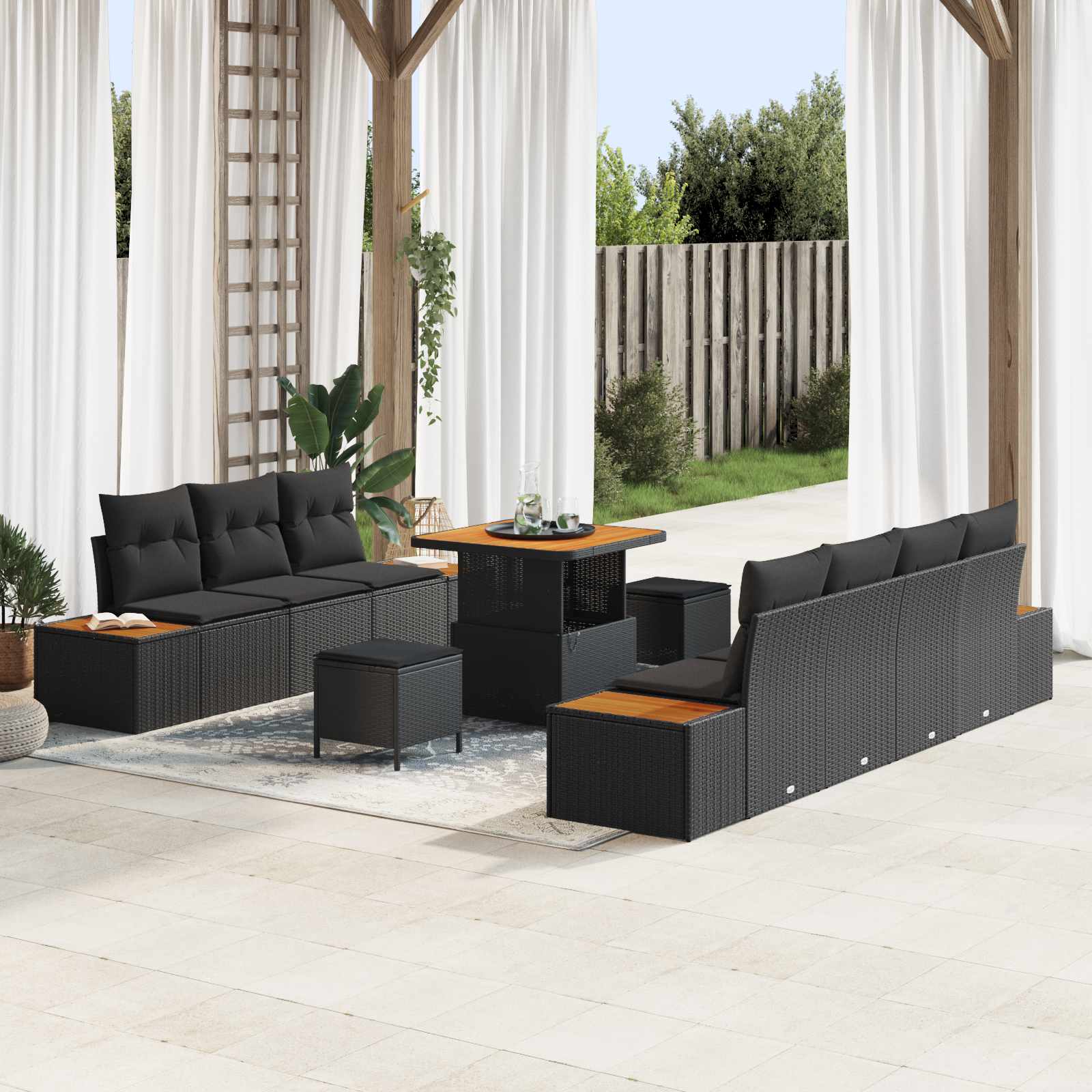 Conjunto de sofás de jardín con cojín 10 pcs Negro