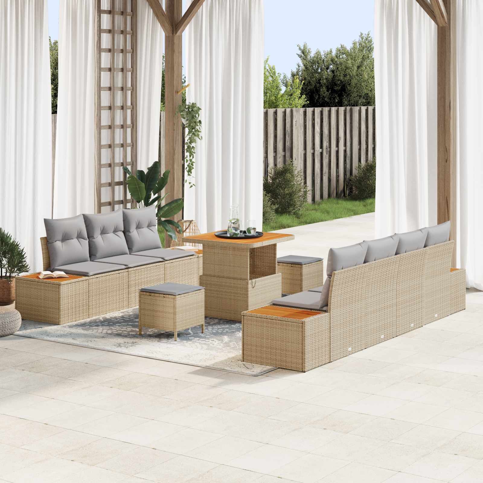 Conjunto de sofás de jardín con cojín 10 pcs Beige y Gris Claro
