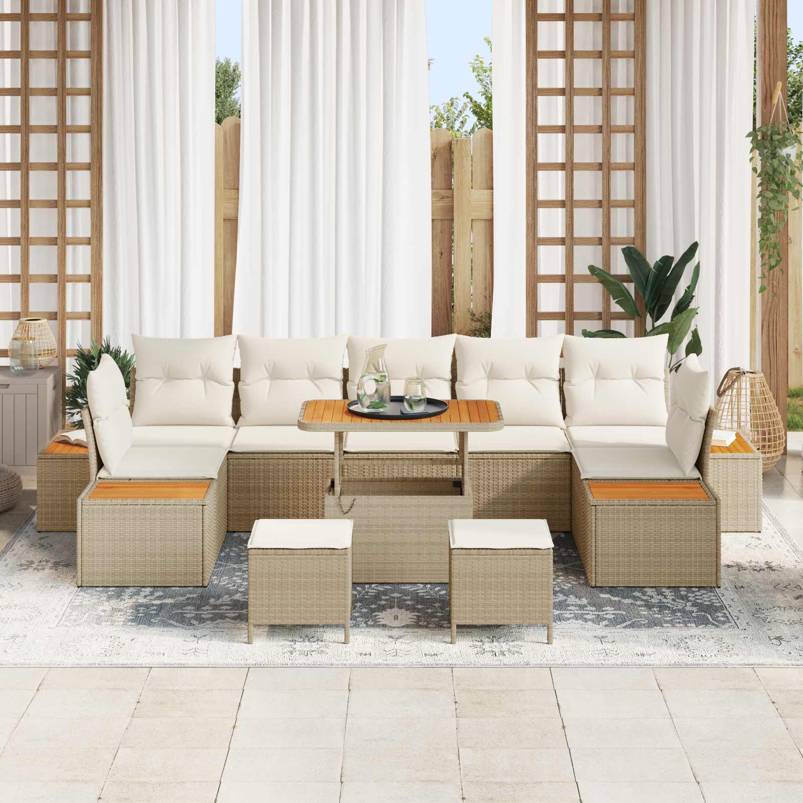 Conjunto de sofás de jardín con cojín 10 pcs Beige y Crema