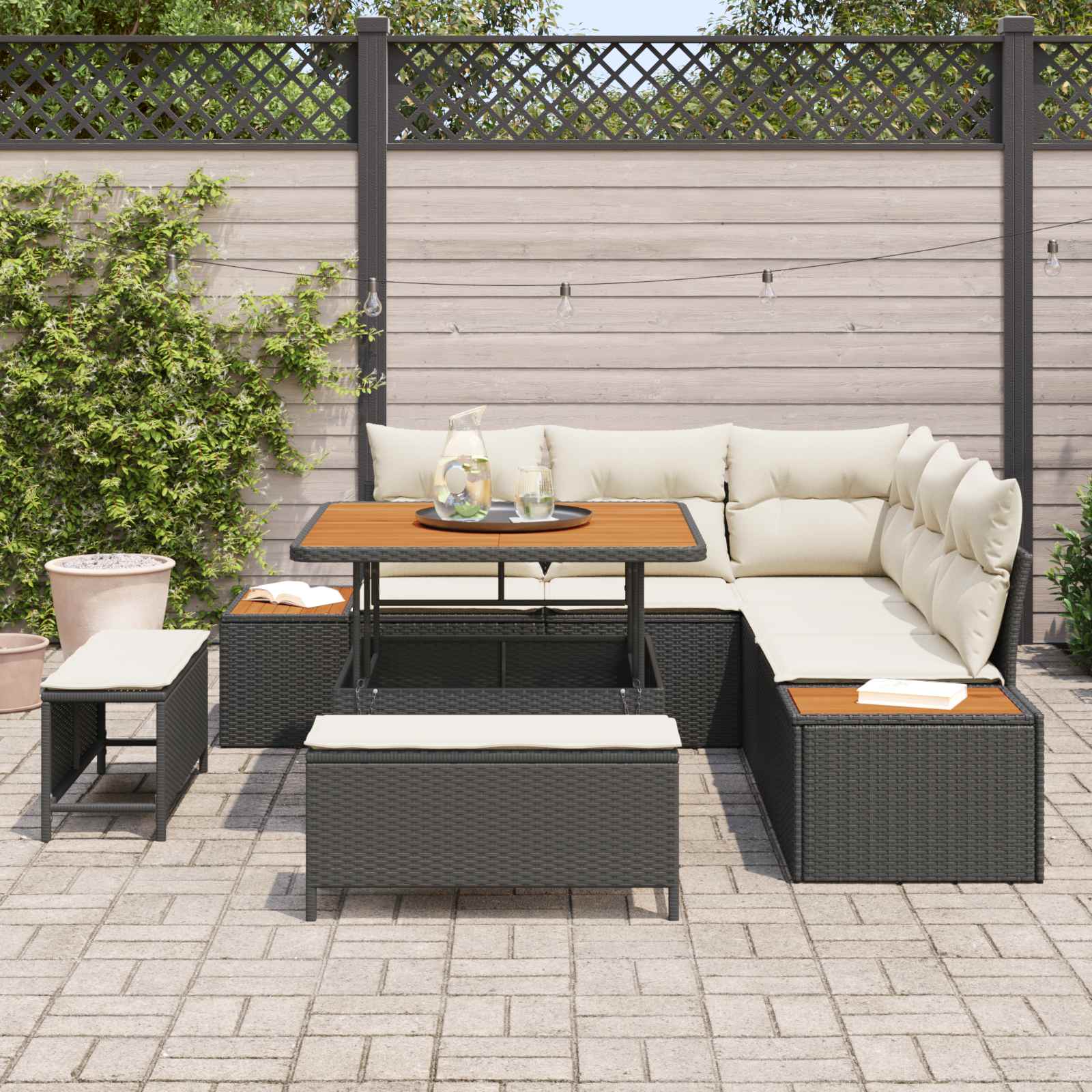 Conjunto de sofás de jardín con cojín 8 pcs Negro y crema