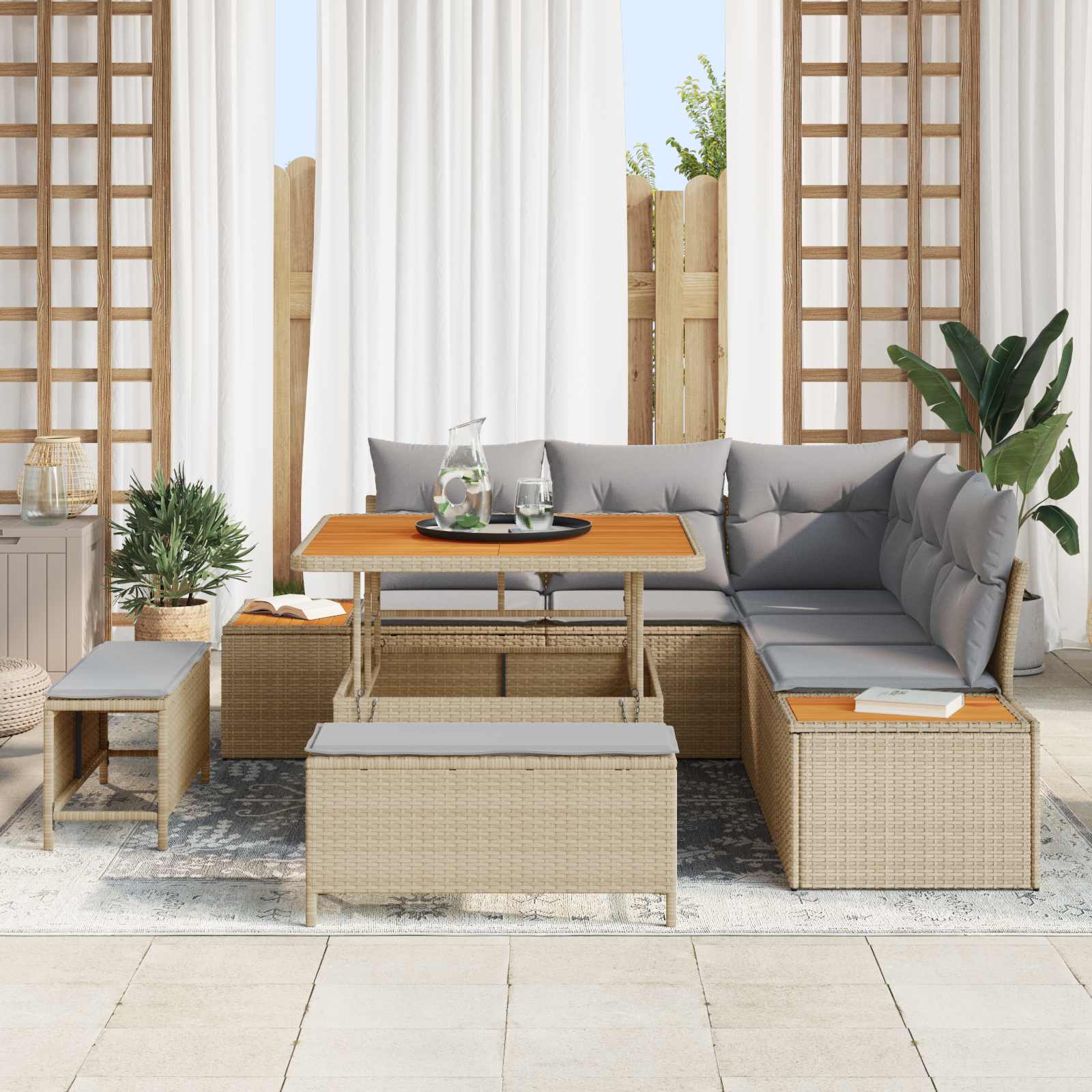 Conjunto de sofás de jardín con cojín 8 pcs Beige y Gris Claro