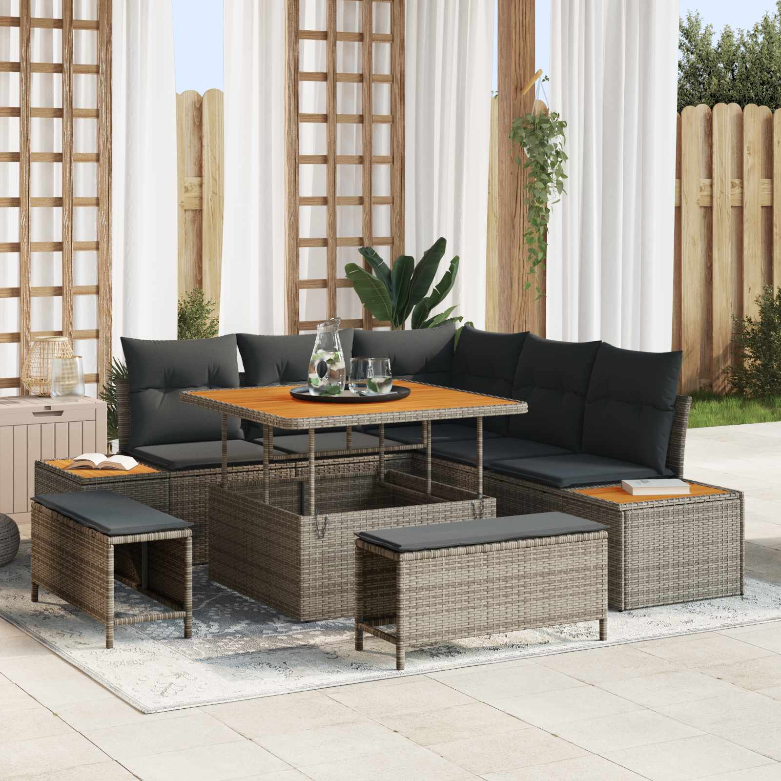 Conjunto de sofás de jardín con cojín 8 pcs Beige y Gris Claro