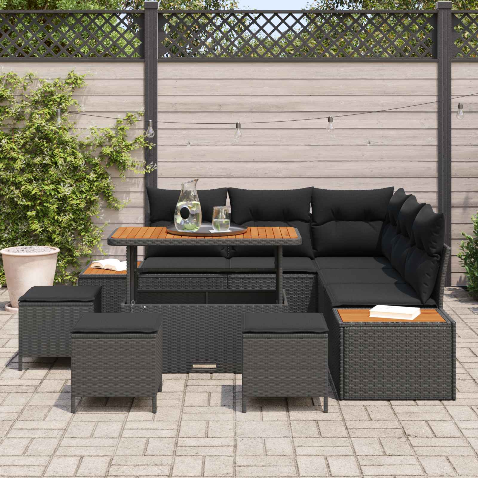 Conjunto de sofás de jardín con cojín 9 pcs Negro