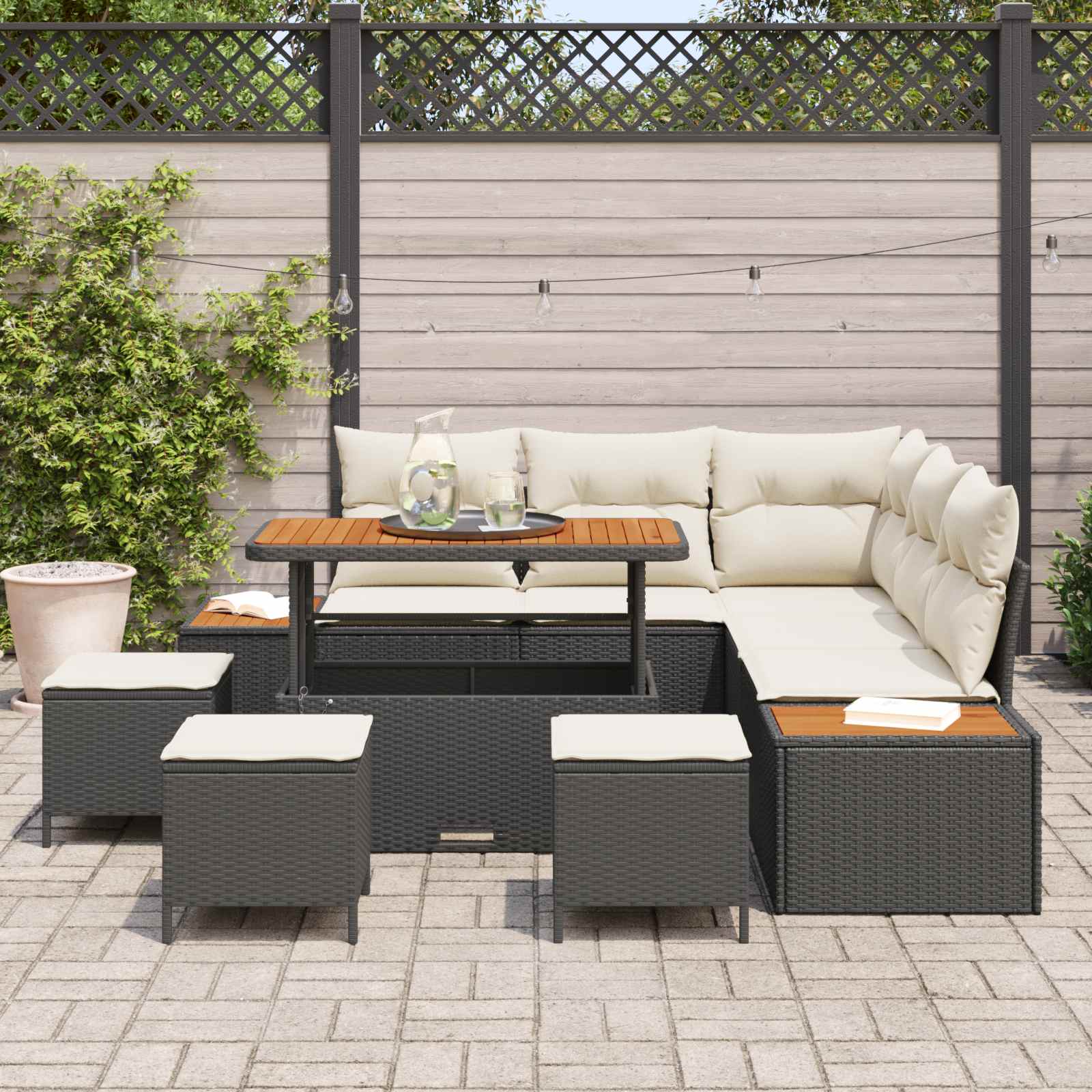 Conjunto de sofás de jardín con cojín 9 pcs Negro y crema