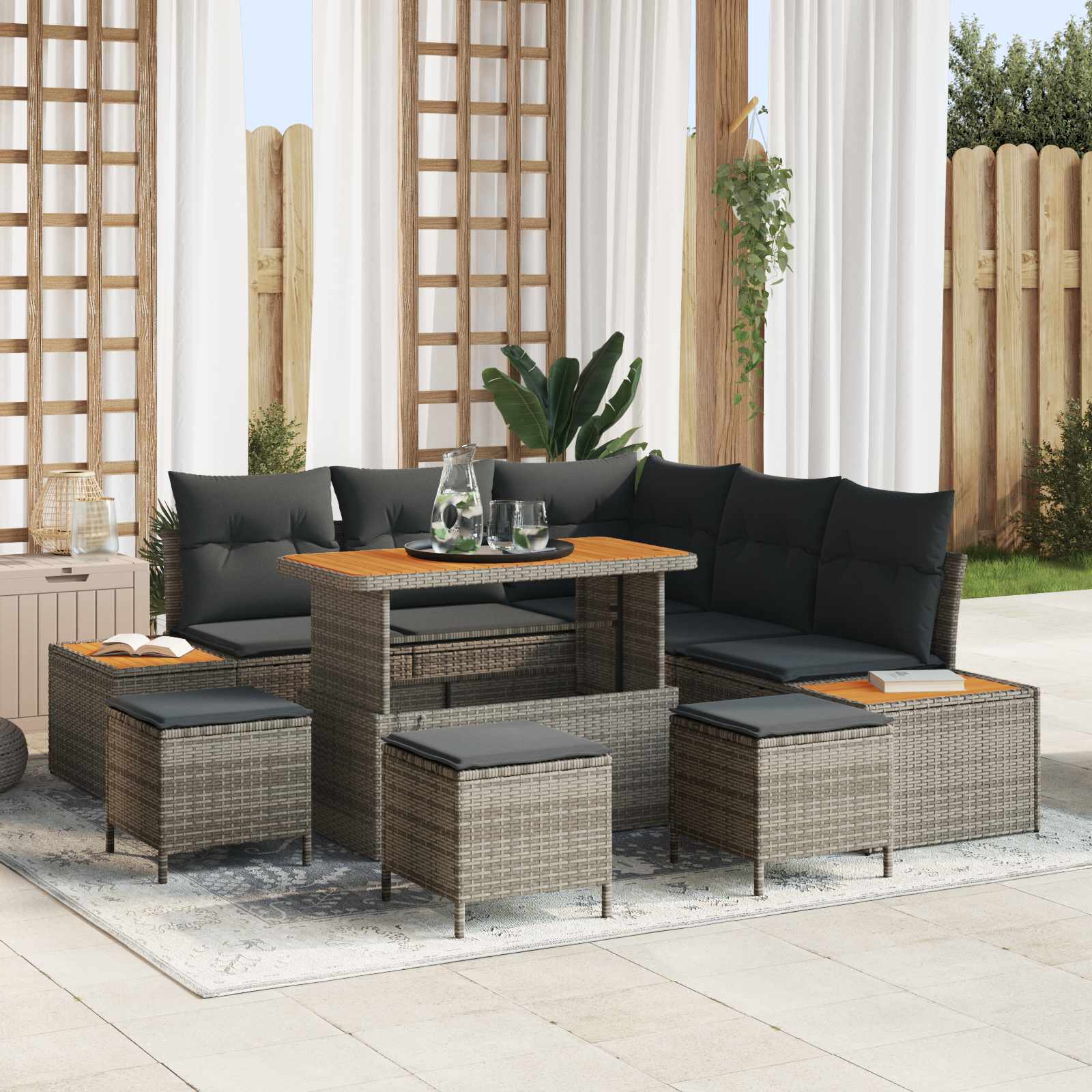 Conjunto de sofás de jardín con cojín 9 pcs Beige y Gris Claro