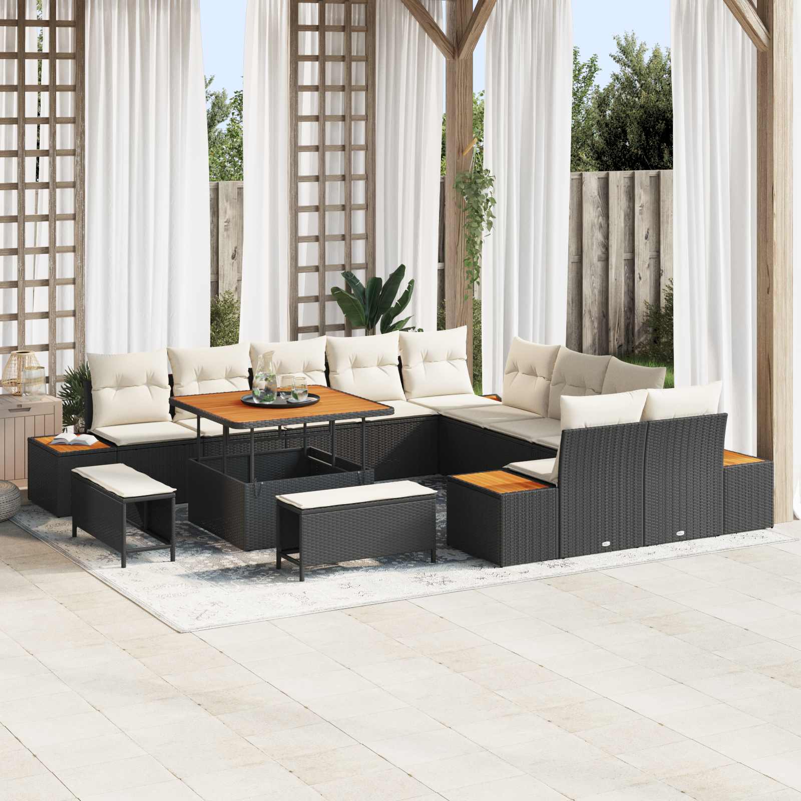 Conjunto de sofás de jardín con cojín 13 pcs Negro y crema