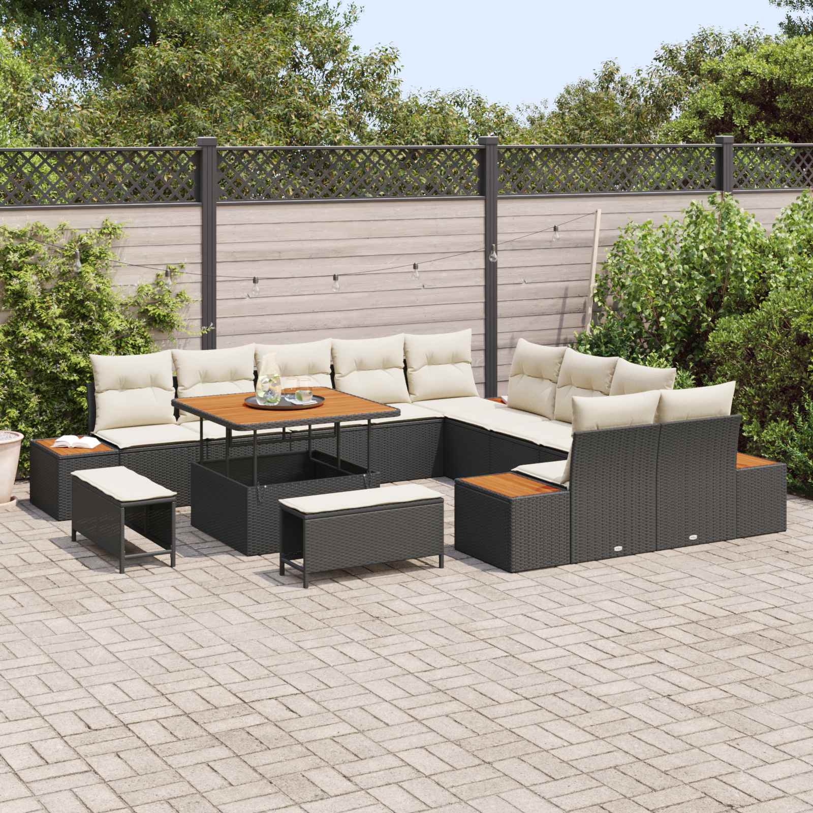 Conjunto de sofás de jardín con cojín 13 pcs Negro y crema