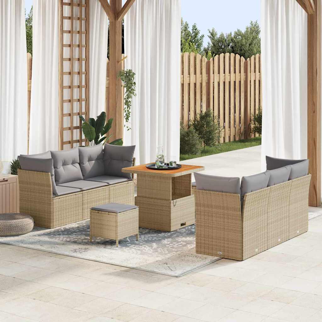 Conjunto de sofá de jardín con cojín 9 pcs Beige y Gris Claro