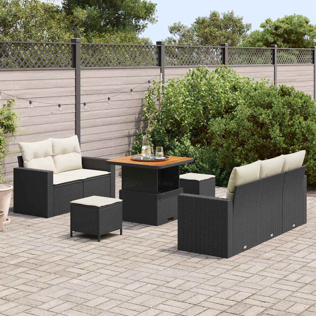 Conjunto de sofá de jardín 8 pcs Negro y crema ratán sintético
