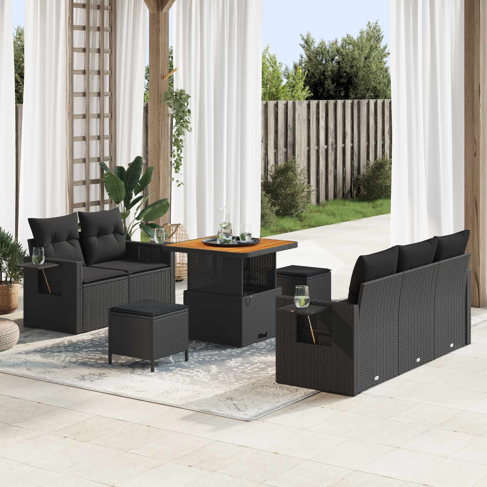 Conjunto de sofá de jardim com almofadões 7 pcs Cinzento vime sintético
