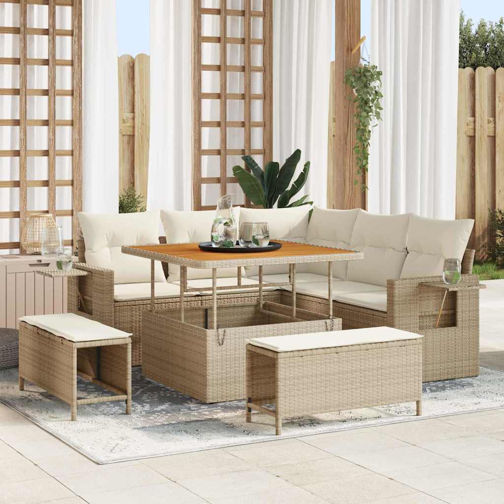 Conjunto de sofás de jardín 9 pcs Beige y Crema ratán sintético