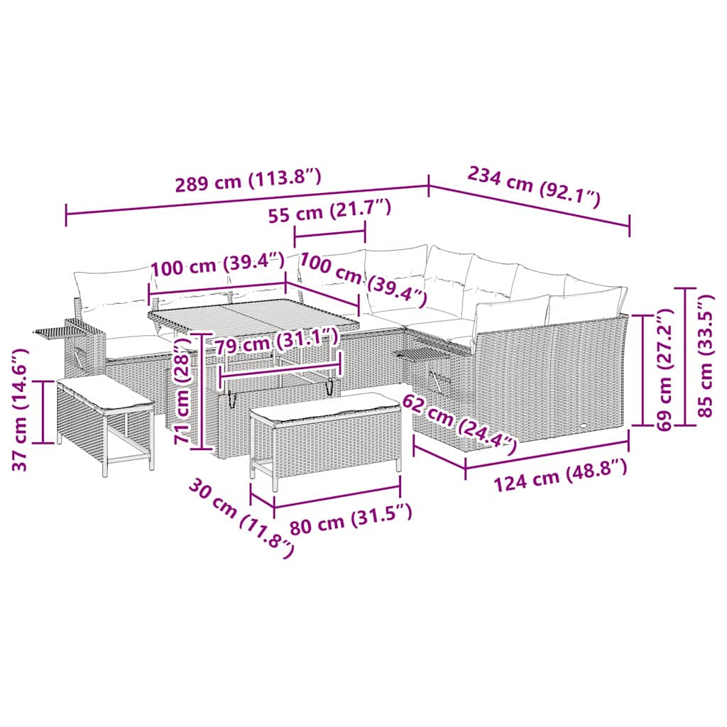 Conjunto de sofás de jardín 12 pcs Gris ratán sintético