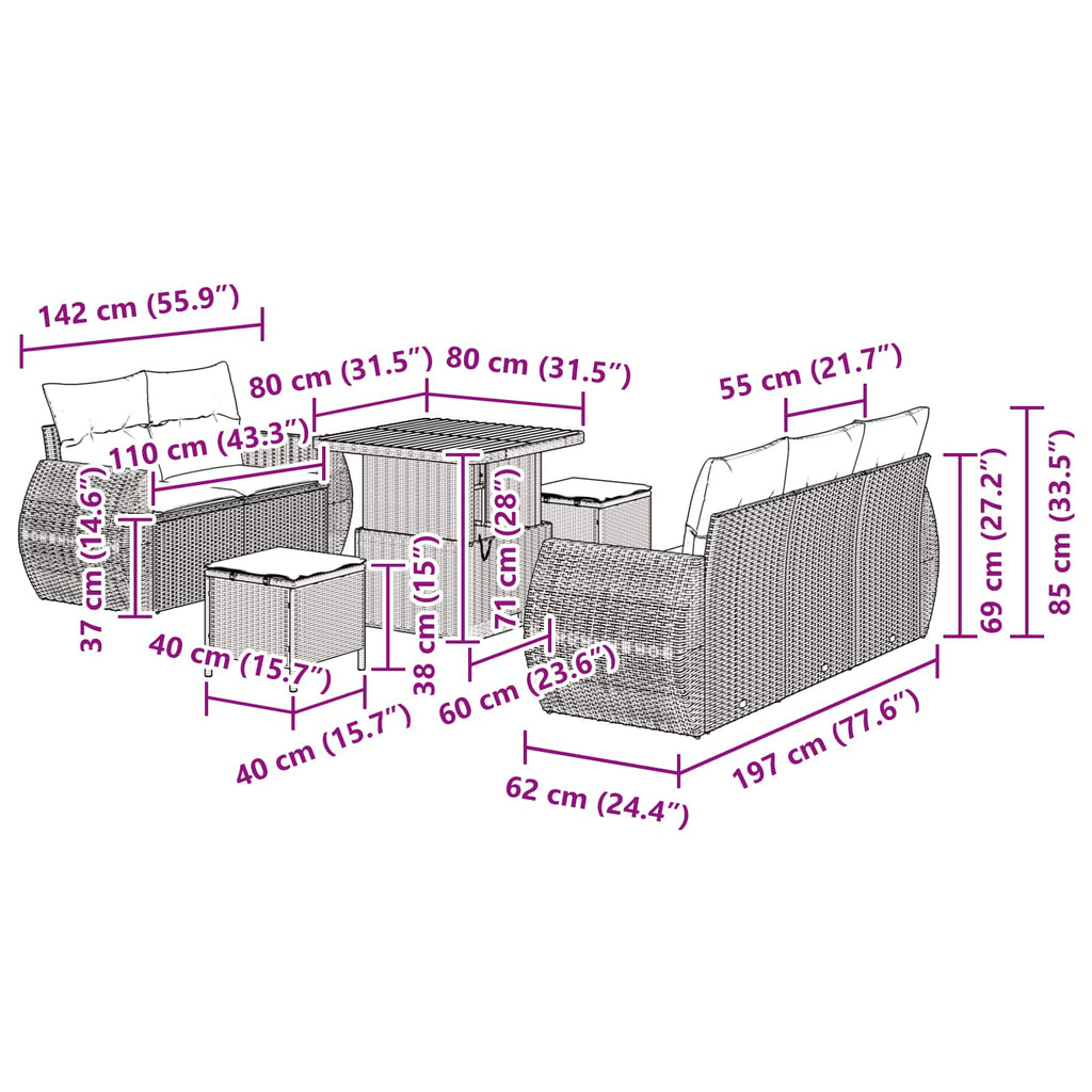Conjunto de sofá de jardín 8 pcs Negro ratán sintético