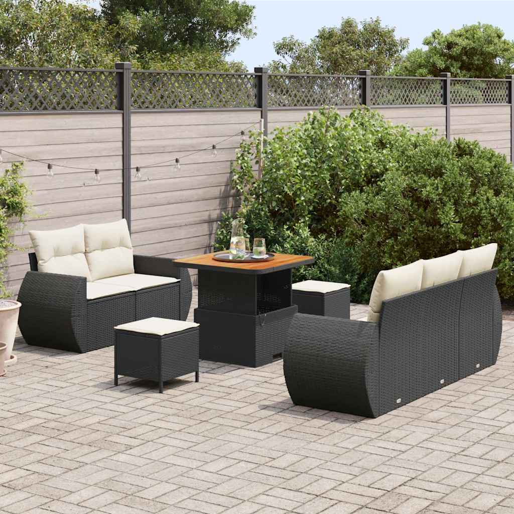 Conjunto de sofá de jardín 8 pcs Negro y crema ratán sintético