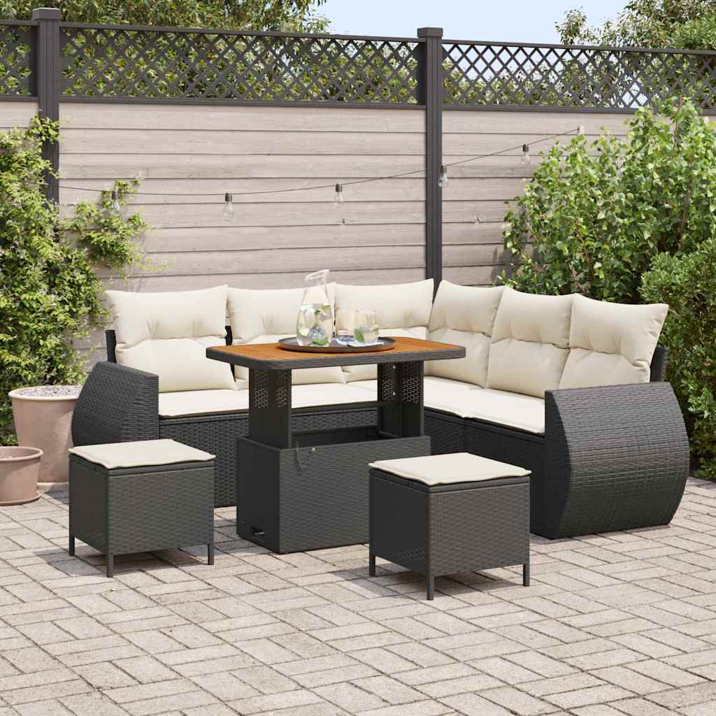 Conjunto de sofá de jardín 8 pcs Negro y crema ratán sintético