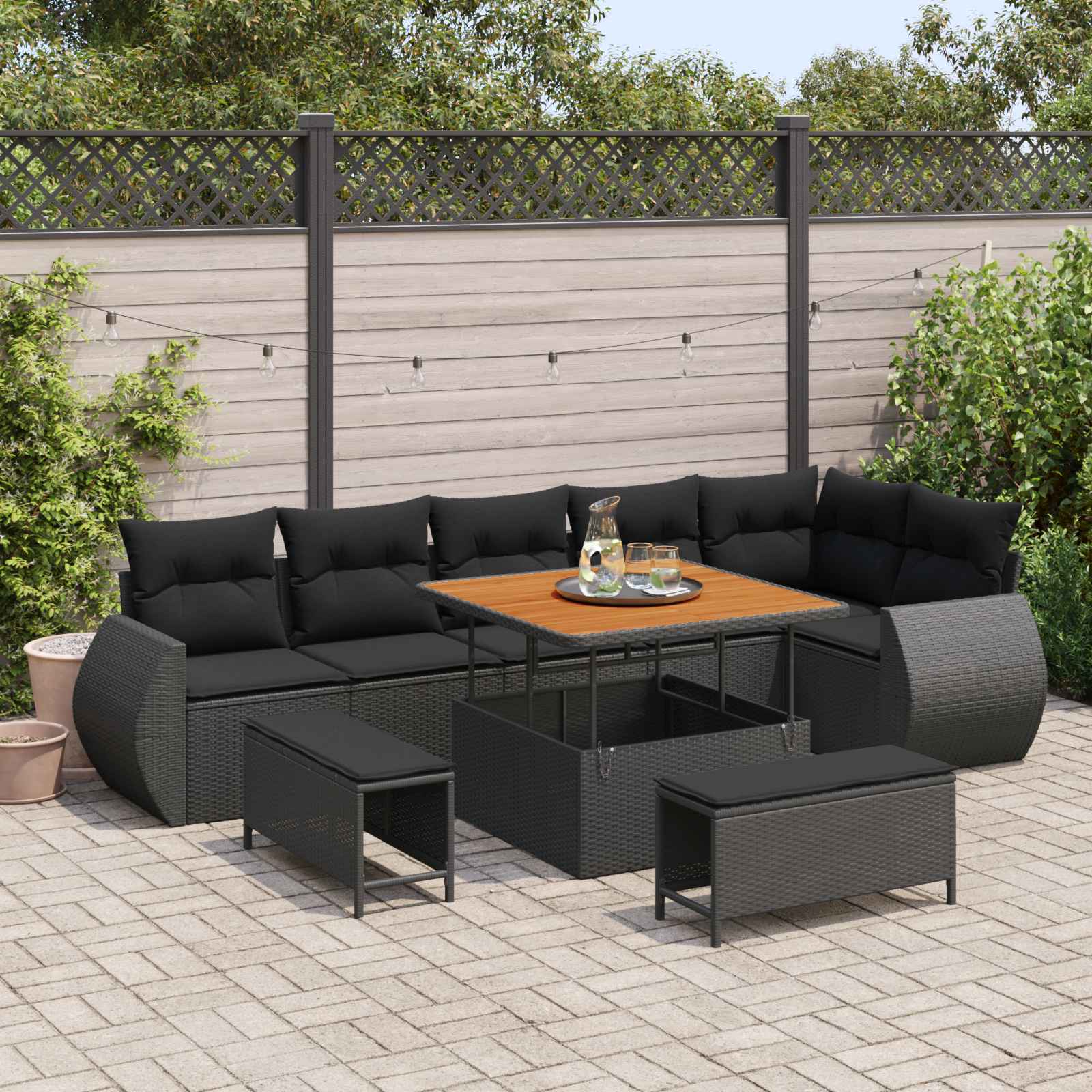 Conjunto de sofá de jardín 9 pcs Negro Rattan de Poliéster