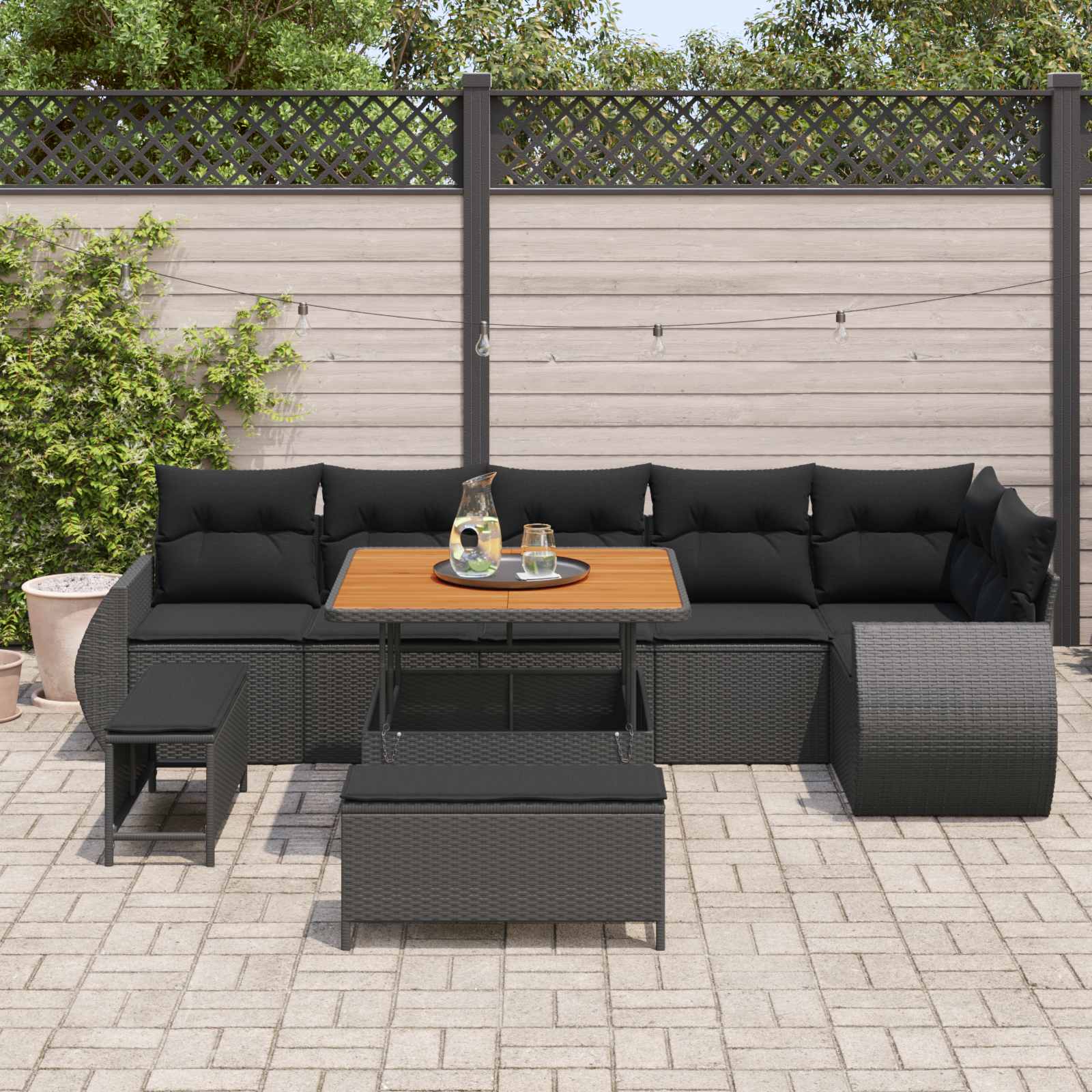 Conjunto de sofá de jardín 9 pcs Negro Rattan de Poliéster