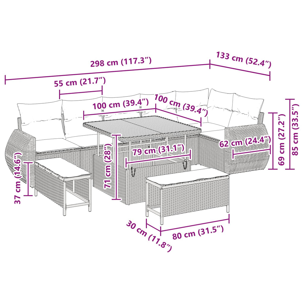 Conjunto de sofá de jardín 9 pcs Negro Rattan de Poliéster