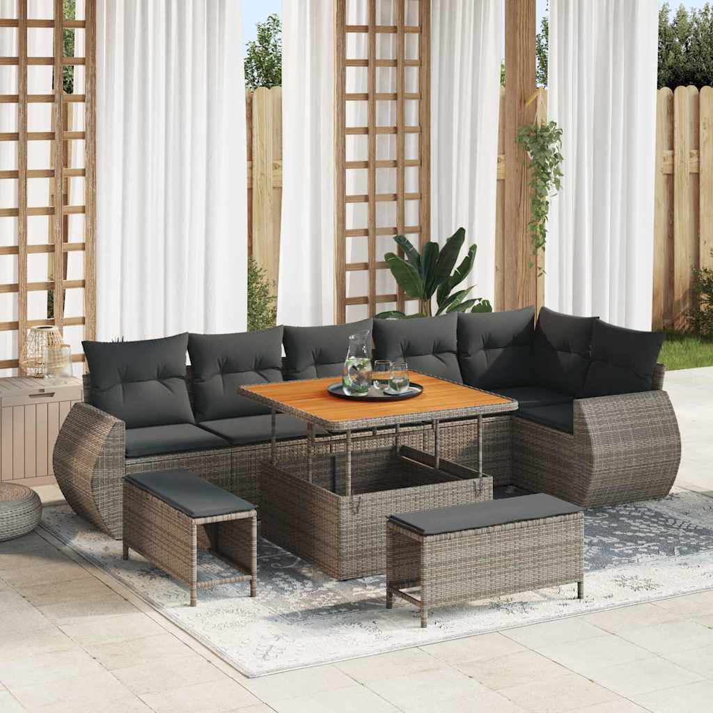 Conjunto de sofá de jardín 9 pcs Gris Rattan de Poliéster