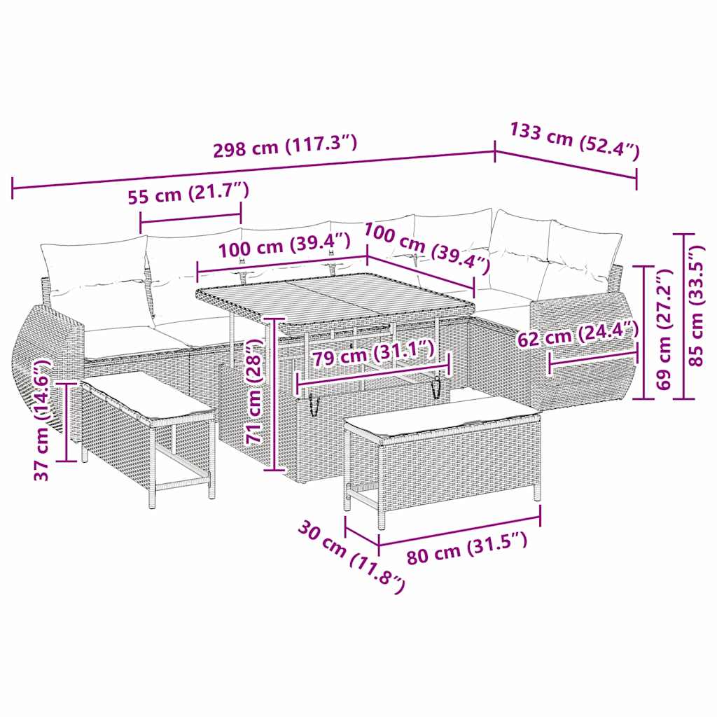 Conjunto de sofá de jardín 9 pcs Gris Rattan de Poliéster