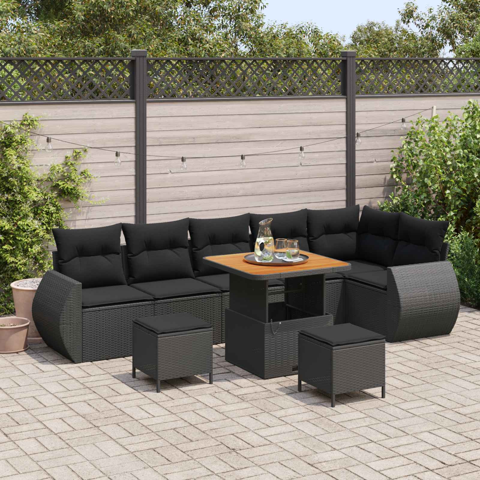 Conjunto de sofá de jardín 9 pcs Negro Rattan de Poliéster