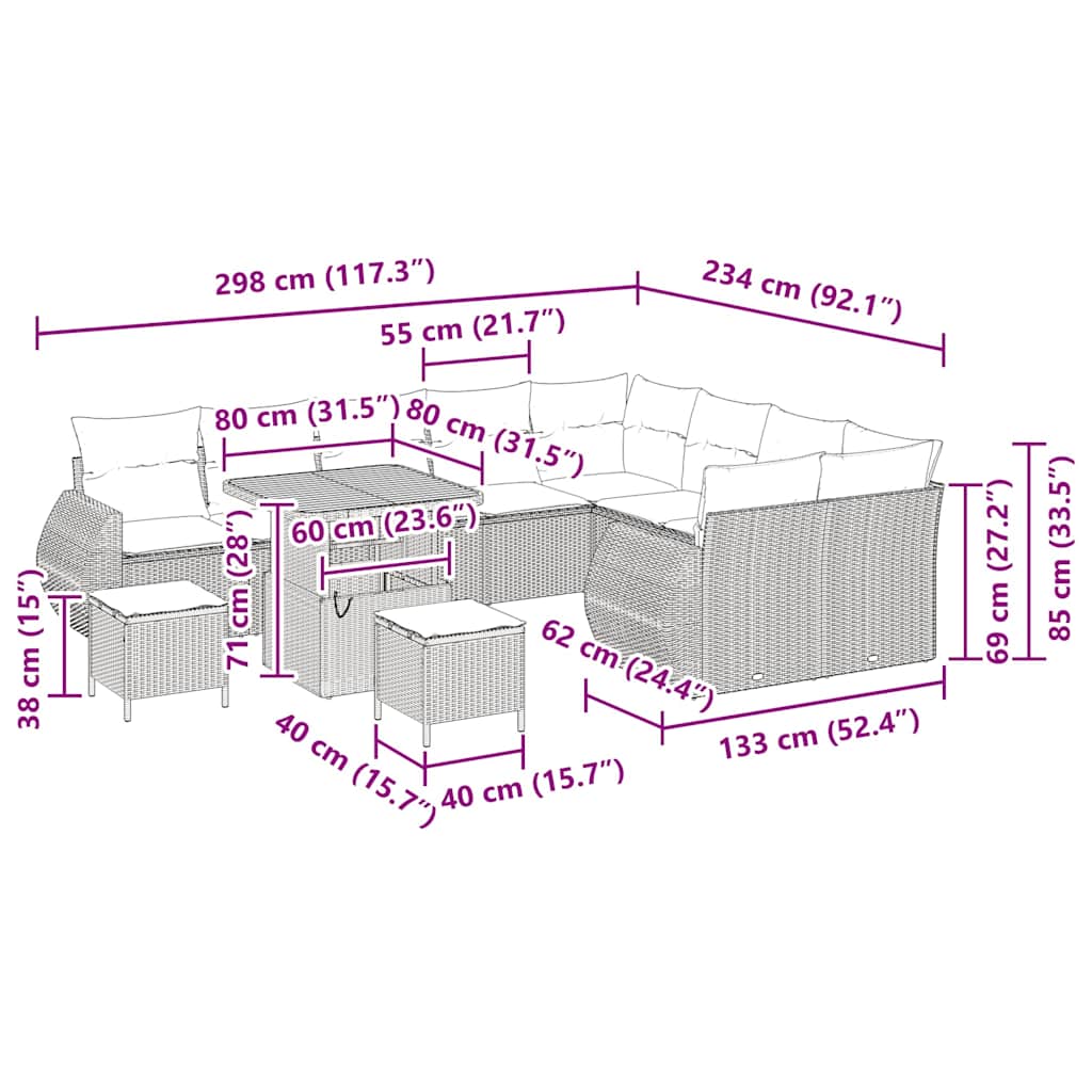 Conjunto de sofá de jardín 12 pcs Gris Rattan de Poliéster