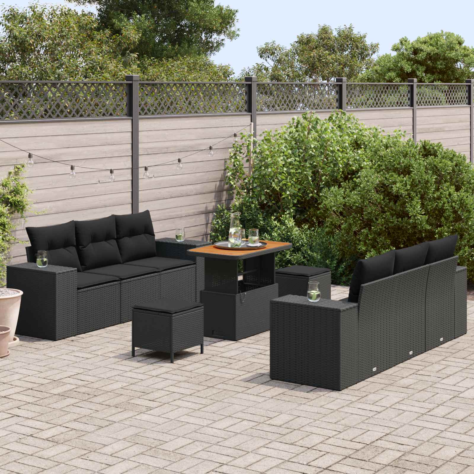 Conjunto de sofá de jardín 9 pcs Negro Rattan de Poliéster