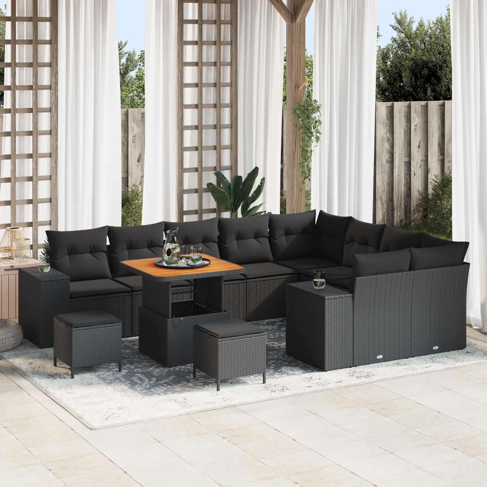 Conjunto de sofá de jardim com almofada 9 pcs Preto e creme